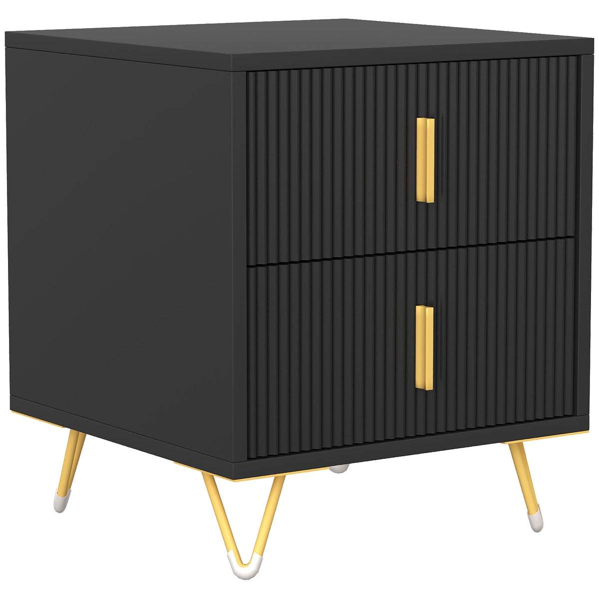 Bedside Table, Small Fluted Bedside Cabinet with 2 Drawers, Modern Nightstand, End Sofa Side Table with Hairpin Legs for Bedroom, Living Room, Black
