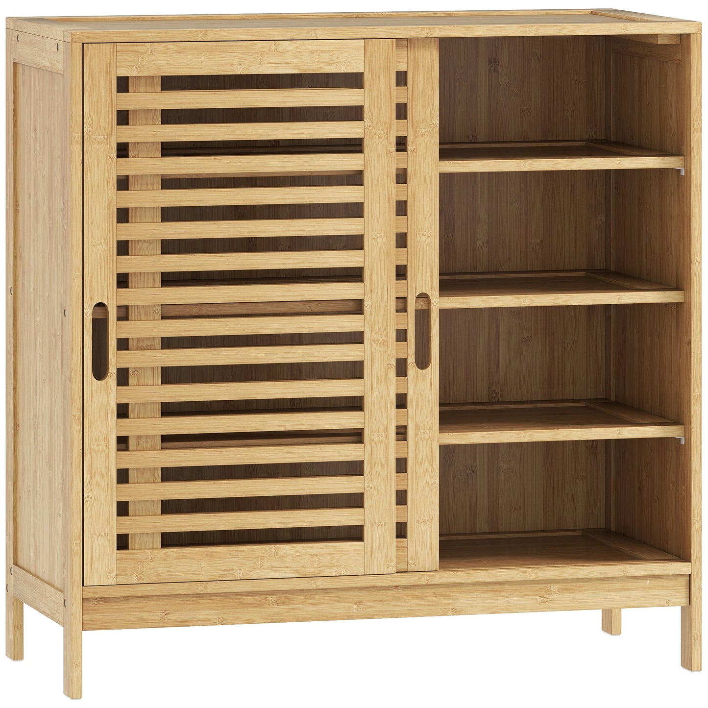 Bamboo Shoe Cabinet with 2 Sliding Slat Doors, 16Pairs Hallway Shoe Cupboard with Adjustable Shelves, Entryway Storage Unit, Natural