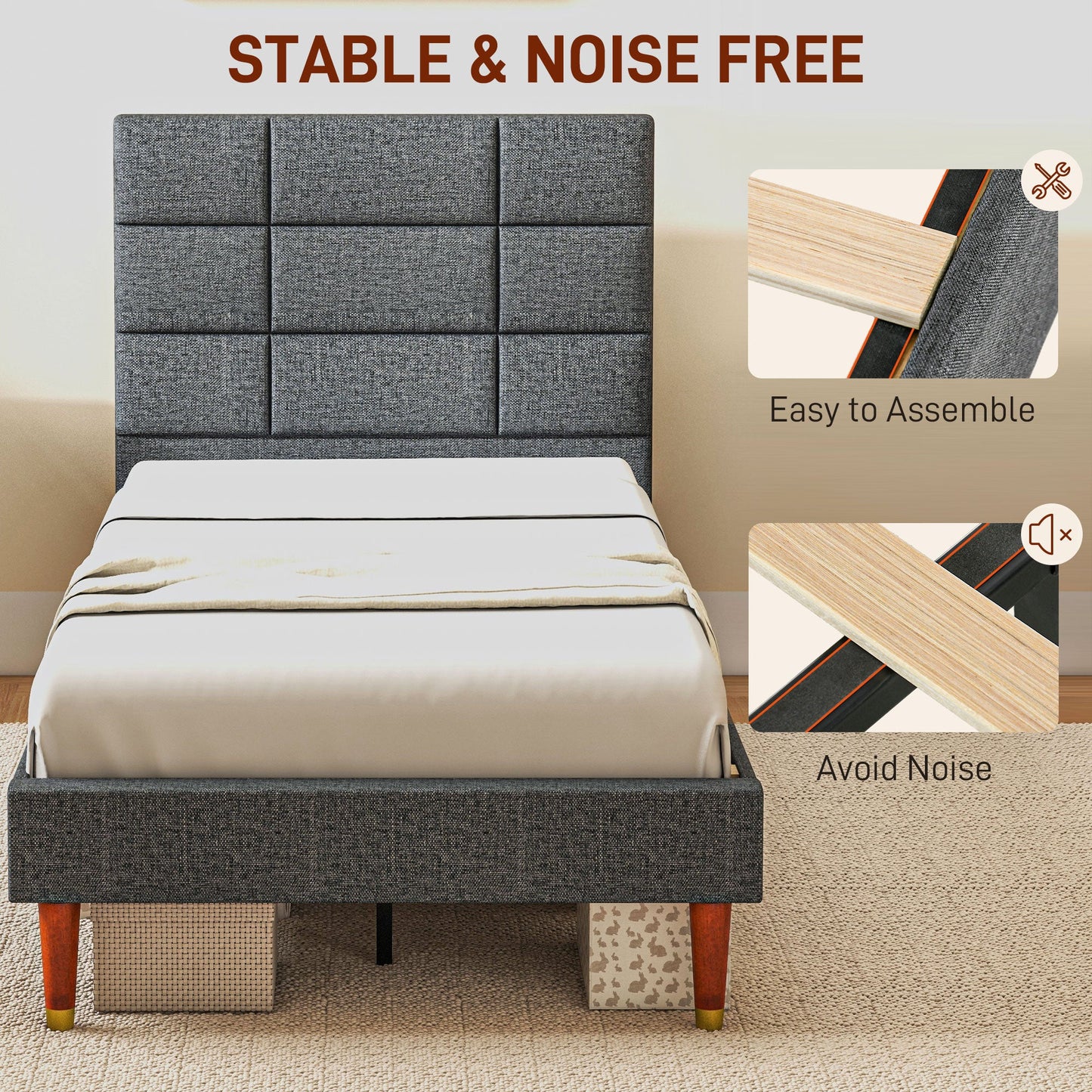 HOMCOM 3ft Single Bed Frame with Underbed Storage, Upholstered Platform Bed Frame with Tufted Headboard and Wood Slat Support, No Box Spring Needed, Easy Assembly, Grey