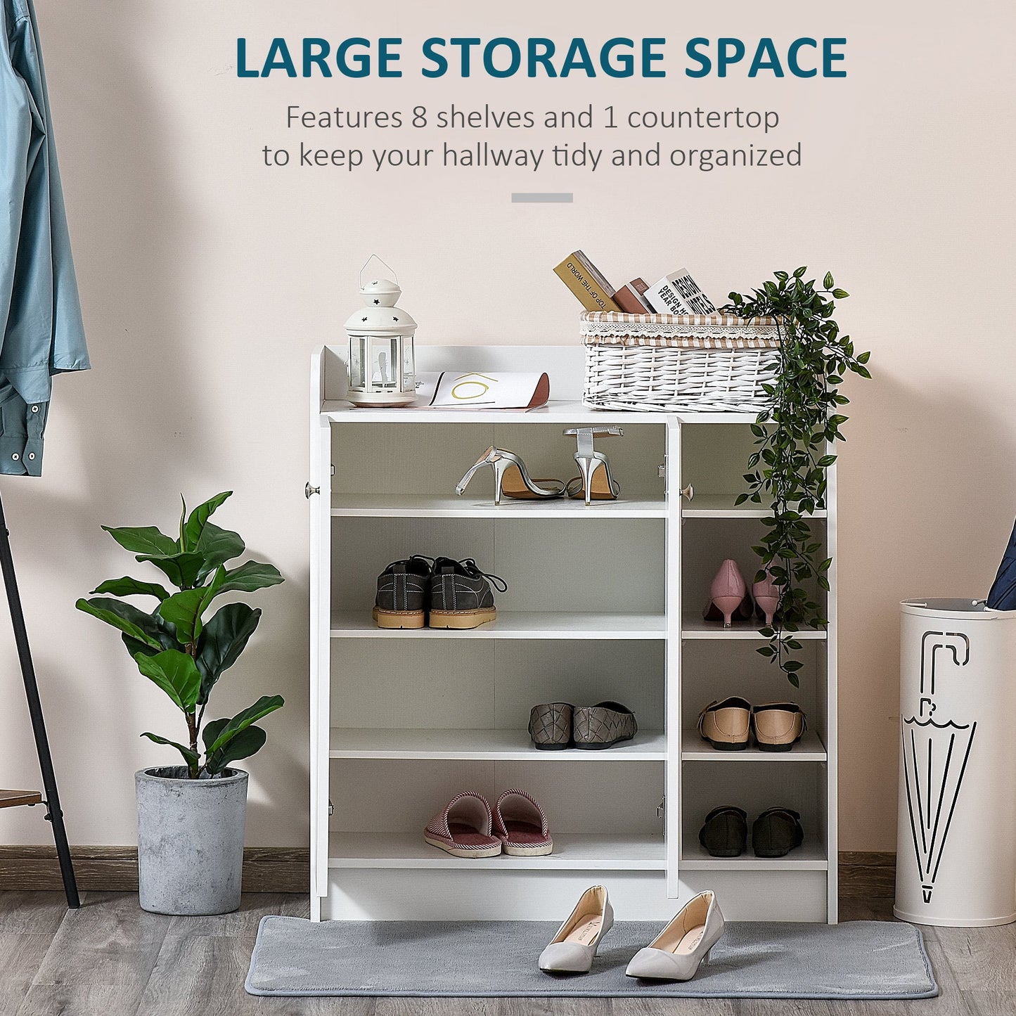HOMCOM Shoe Storage Cabinet Two Doors w/ Adjustable 4 Shelves Cupboard Footwear Rack Stand Organiser Hallway White