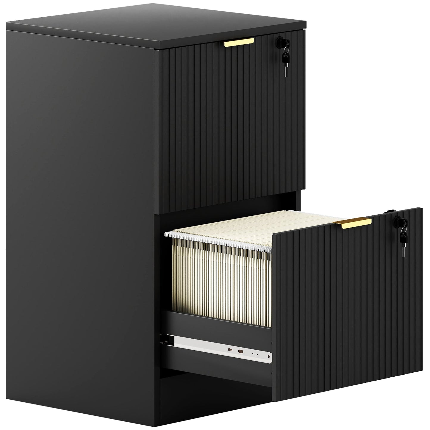 2 Drawer Filing Cabinet, Fluted Vertical File Cabinet with Lock and Adjustable Hanging Rails for A4 and Letter Size Files, Printer Stand with Storage, Black