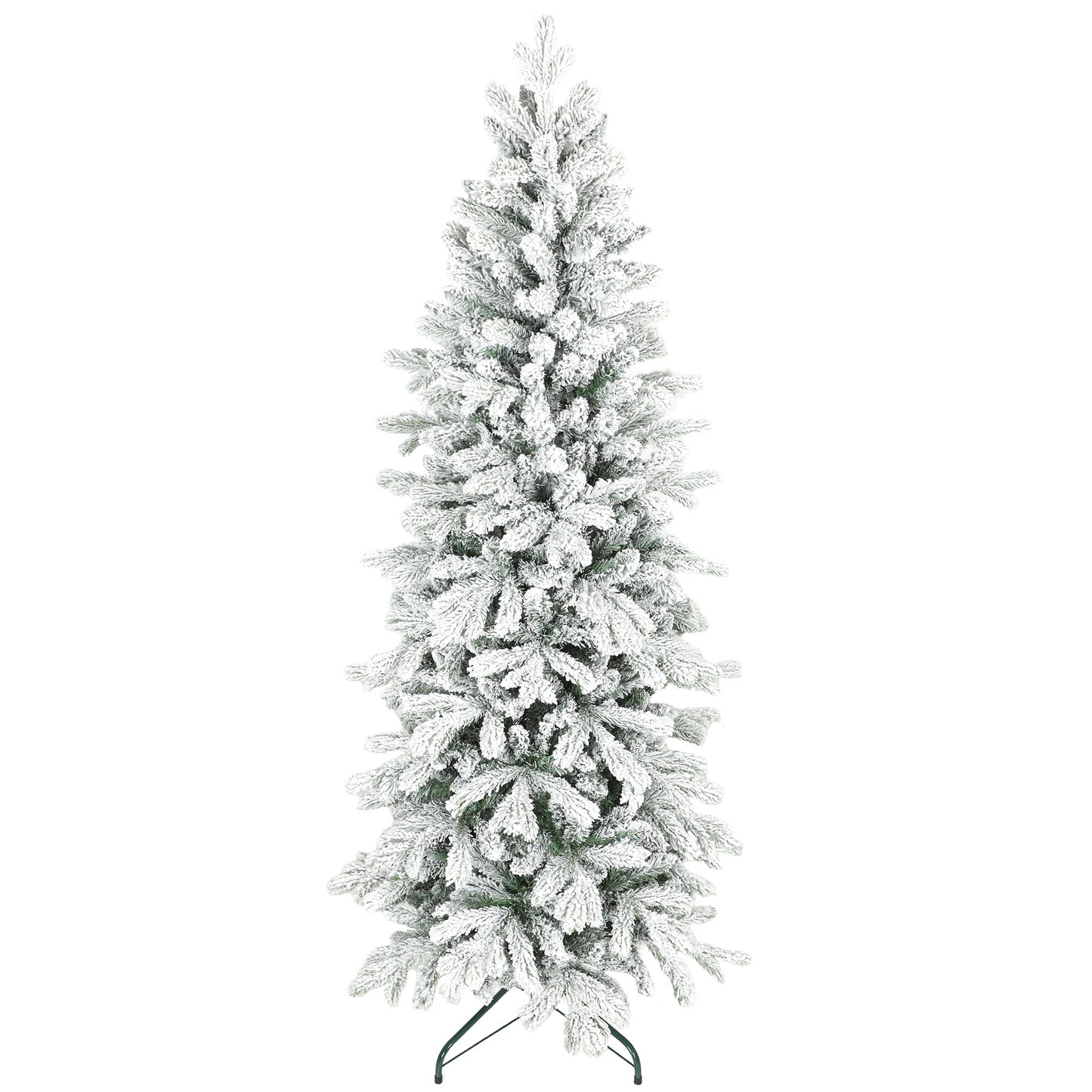6ft Flocked Christmas Tree, Hinged Pencil Christmas Tree with 756 Tips, Realistic Branches, Easy Assembly, Slim Shape, Artificial Xmas Home Decoration, Green White