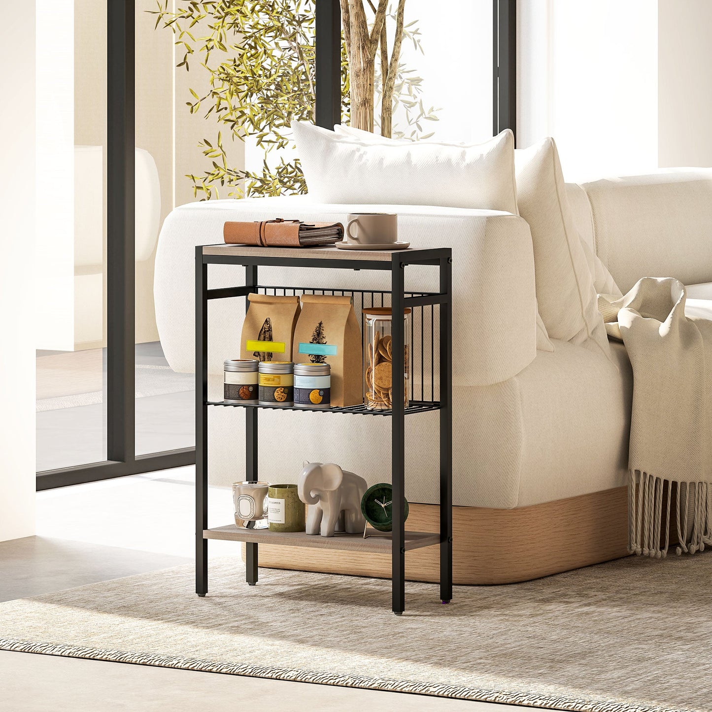 HOMCOM Side Table with 3-Tier Storage, Small Bedside Table, Sofa End Table with Steel Frame for Living Room, Bedroom, Grey