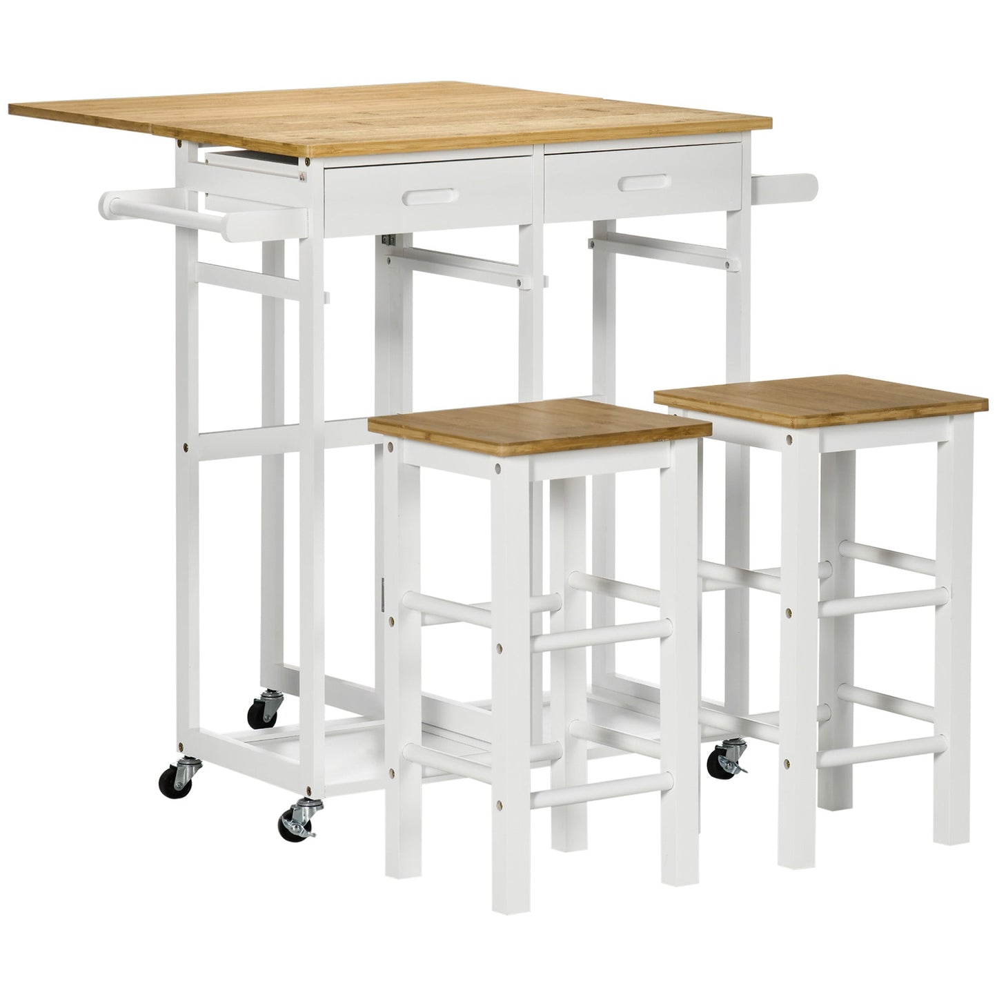 HOMCOM Kitchen Island Set with 2 Stools, Bamboo Breakfast Cart with Drop Leaf Top, Drawers and Towel Rack, Rolling Kitchen Cart and Chairs Set, White