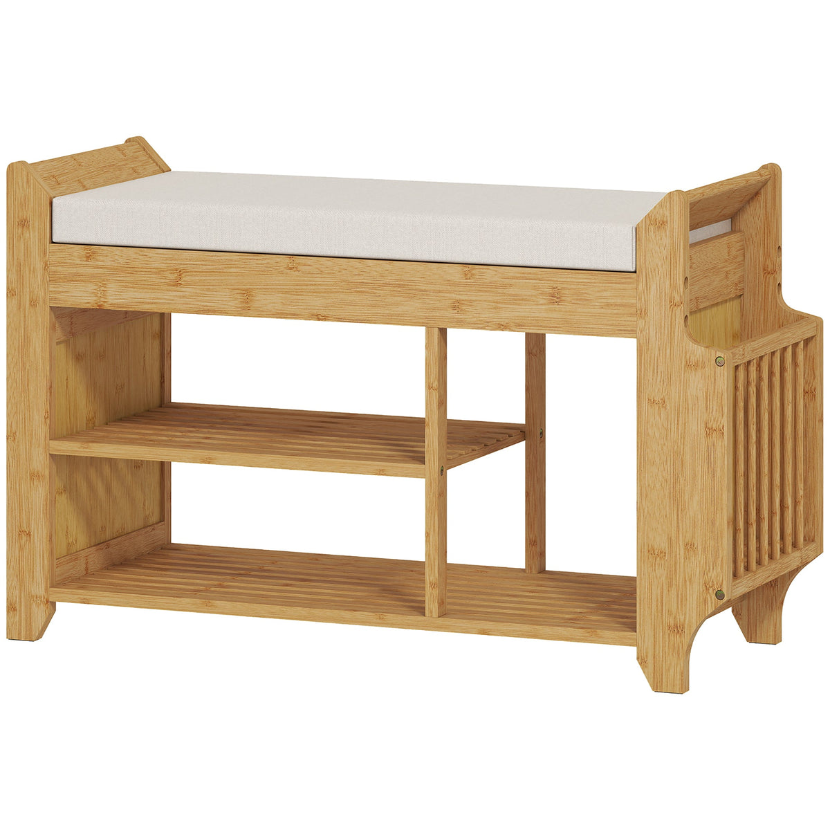 Shoe Bench with Cushioned Seat, Shoe Storage Bench with Side Holder and Boot Section, 2-Tier Natural Bamboo Entryway Rack for Hallway, Living Room, 100 x 30 x 50 cm, Natural and Cream