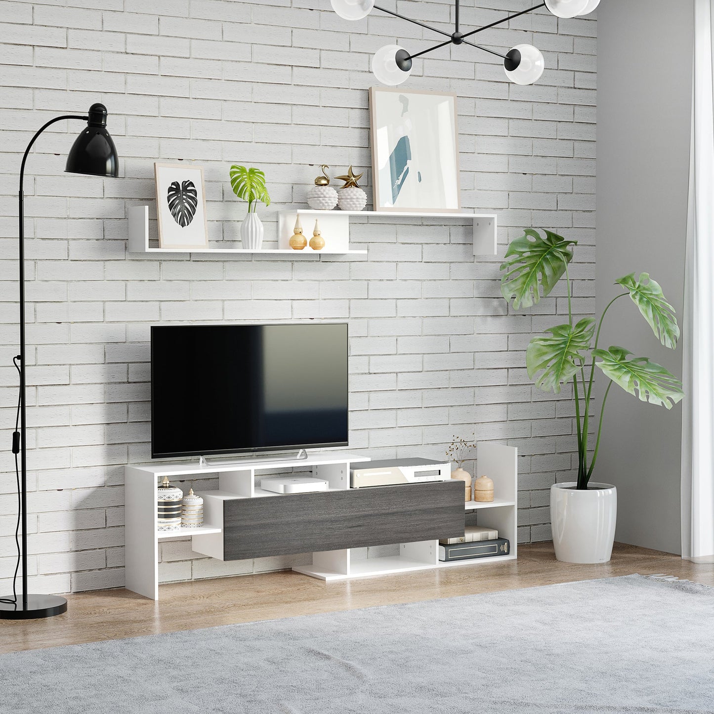 HOMCOM Modern TV Cabinet with Wall Shelf, TV Unit with Storage Shelf and Cabinet, for Wall-Mounted 65" TVs or Standing 40" TVs, White and Grey