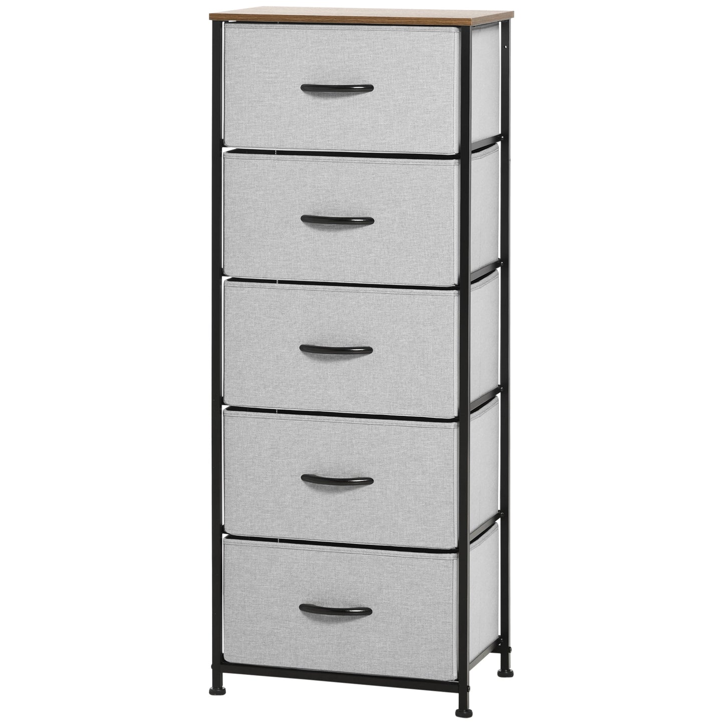 HOMCOM Fabric Chest of Drawers, Storage Drawers, Industrial Bedroom Dresser with 5 Fabric Drawers, Steel Frame and Wooden Top for Nursery, Living Room, Closet, Hallway, Grey