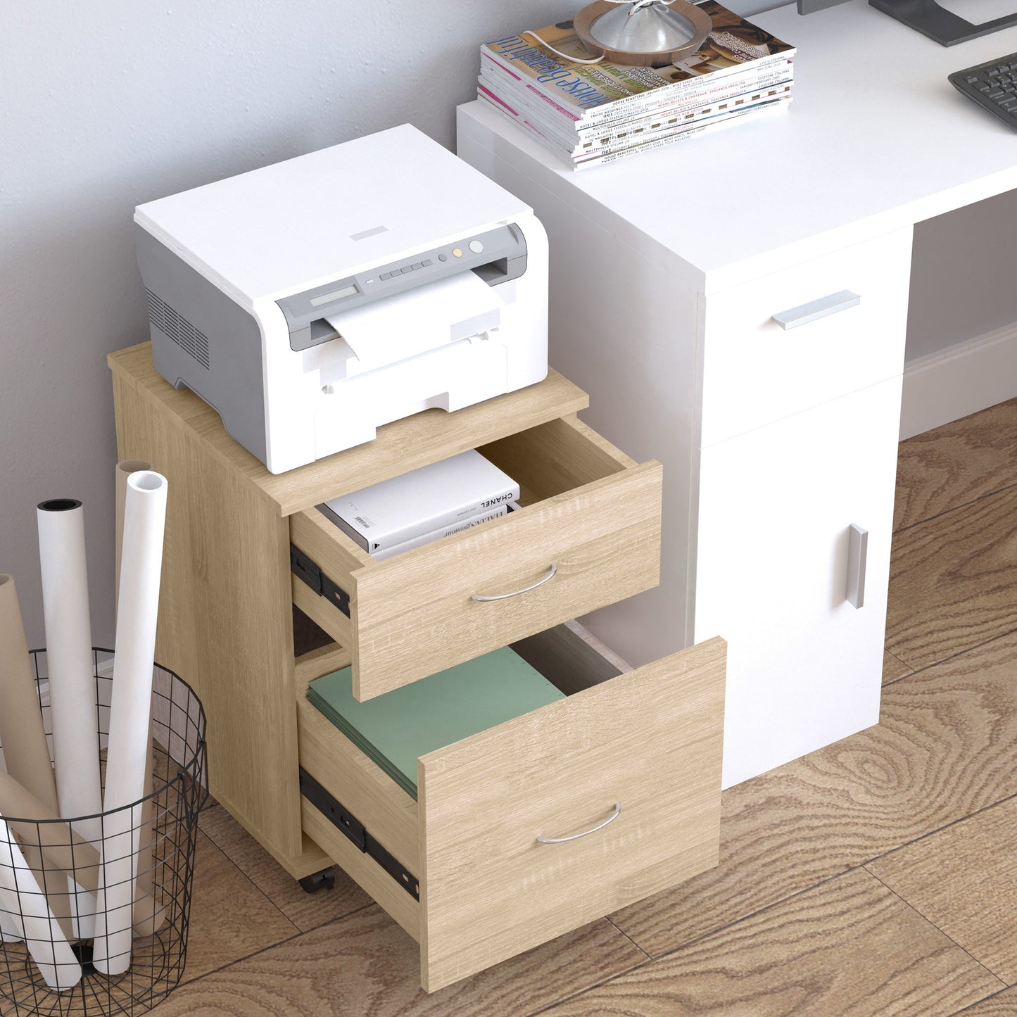 HOMCOM 2 Drawer Filing Cabinet with Wheels, Mobile Filing Cabinet for Home Office, Small Printer Stand, Oak