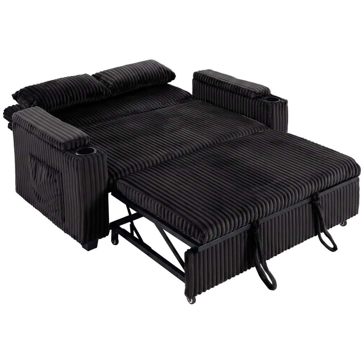 2 Seater Sofa Bed, 3-in-1 Convertible Pull Out Sleeper Sofa, Corduroy Loveseat Bed Settee with Adjustable Backrest, Storage Armrests, Cup Holders, Side Pockets for Living Room, Black