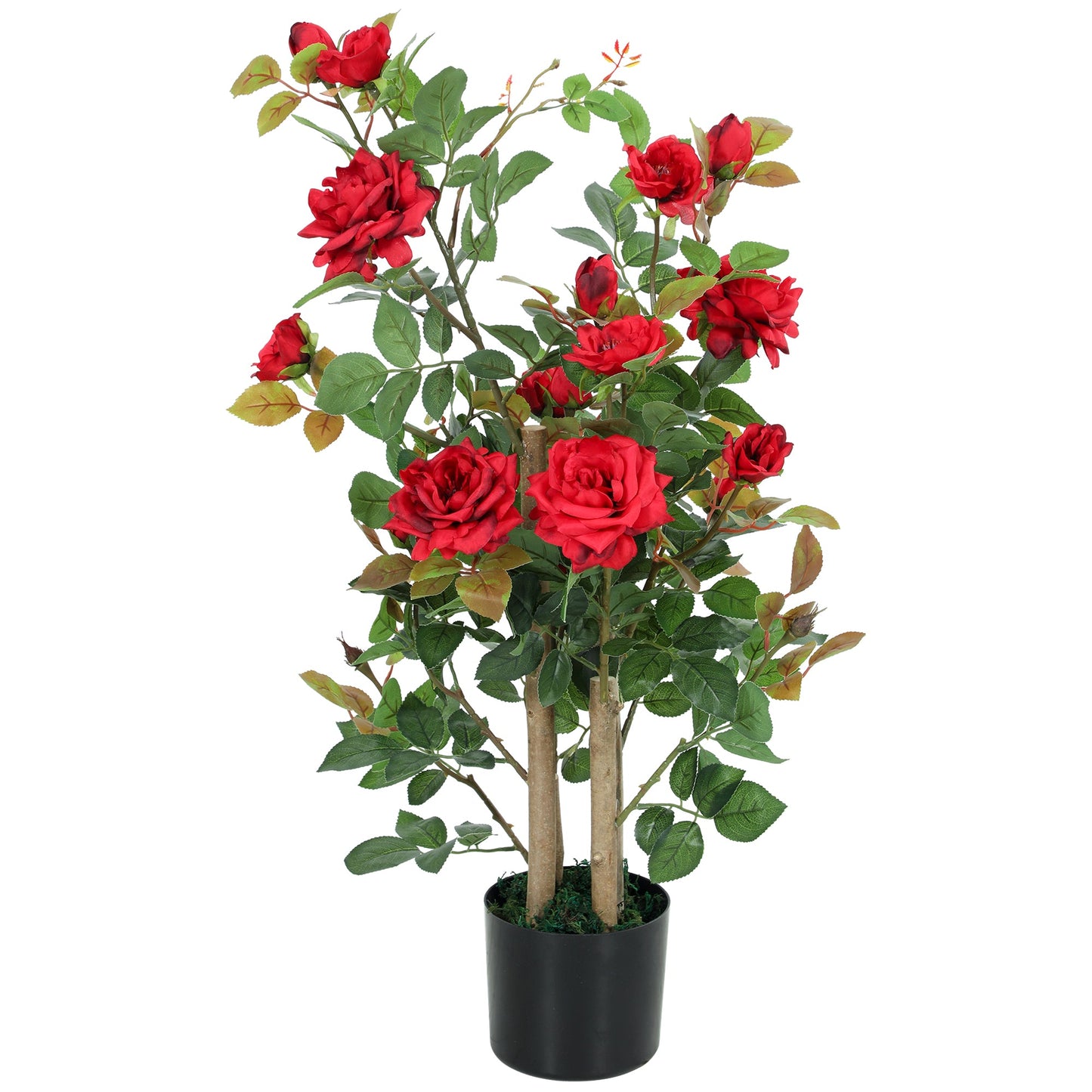 90cm Artificial Rose Tree, Decorative Fake Plant with 344 Silk Leaves and 17 Flowers, UV-Resistant Faux Tree for Outdoor Indoor Garden Porch Decor, Red