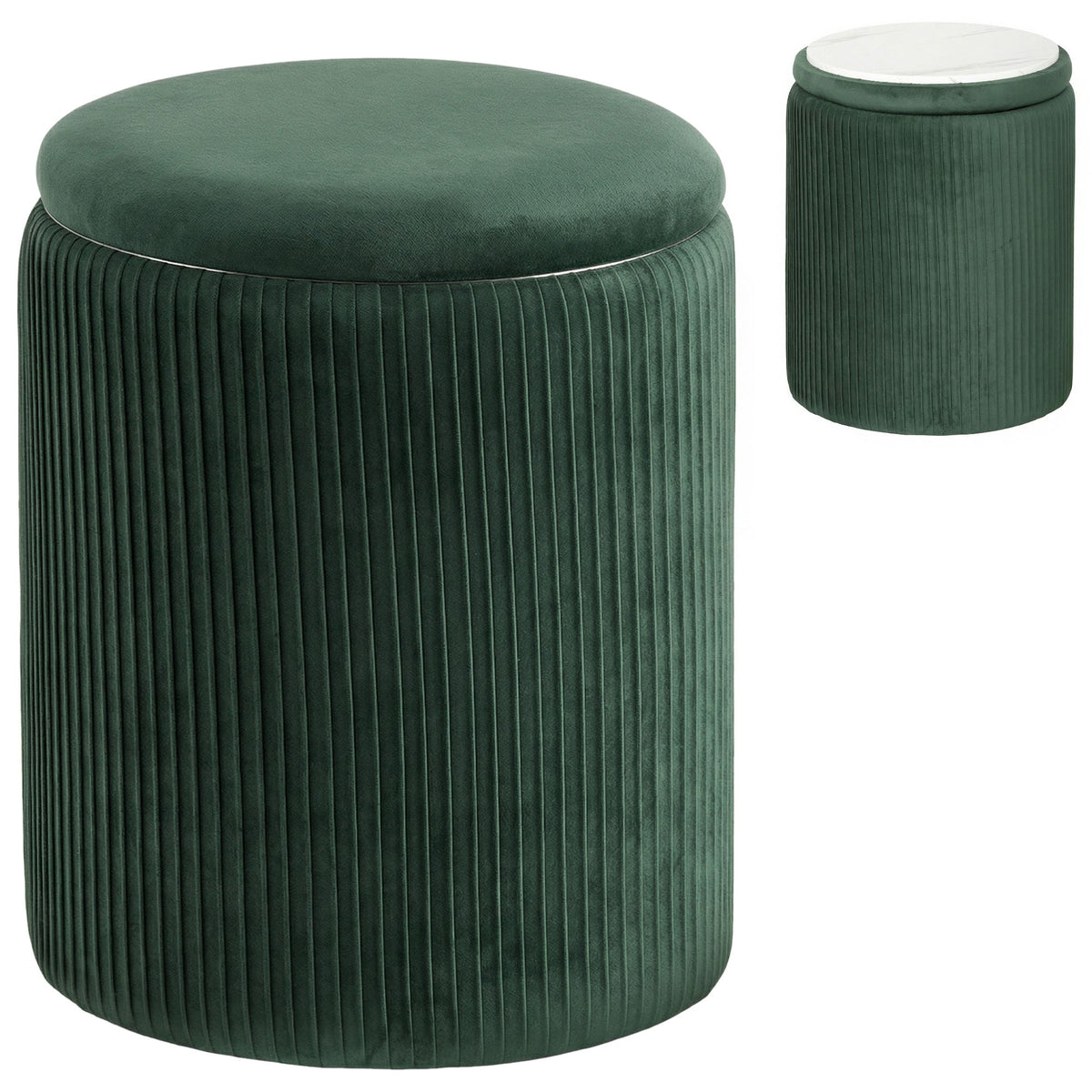 Round Storage Ottoman, Velvet-feel Fabric Upholstered Foot Stool with Removable Top, Padded Seat and Hidden Space for Living Room, Bedroom, Dark Green