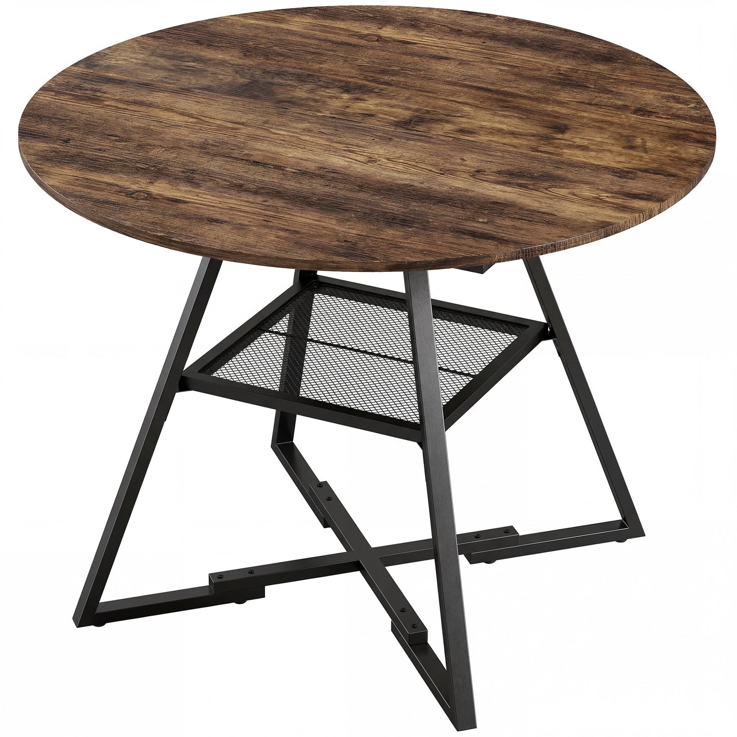 Dining Table for 4 People, 100 cm Round Industrial Kitchen Table with Storage Shelf, Wood Effect Tabletop, Metal Base for Kitchen, Dining Room, Living Room, Rustic Brown