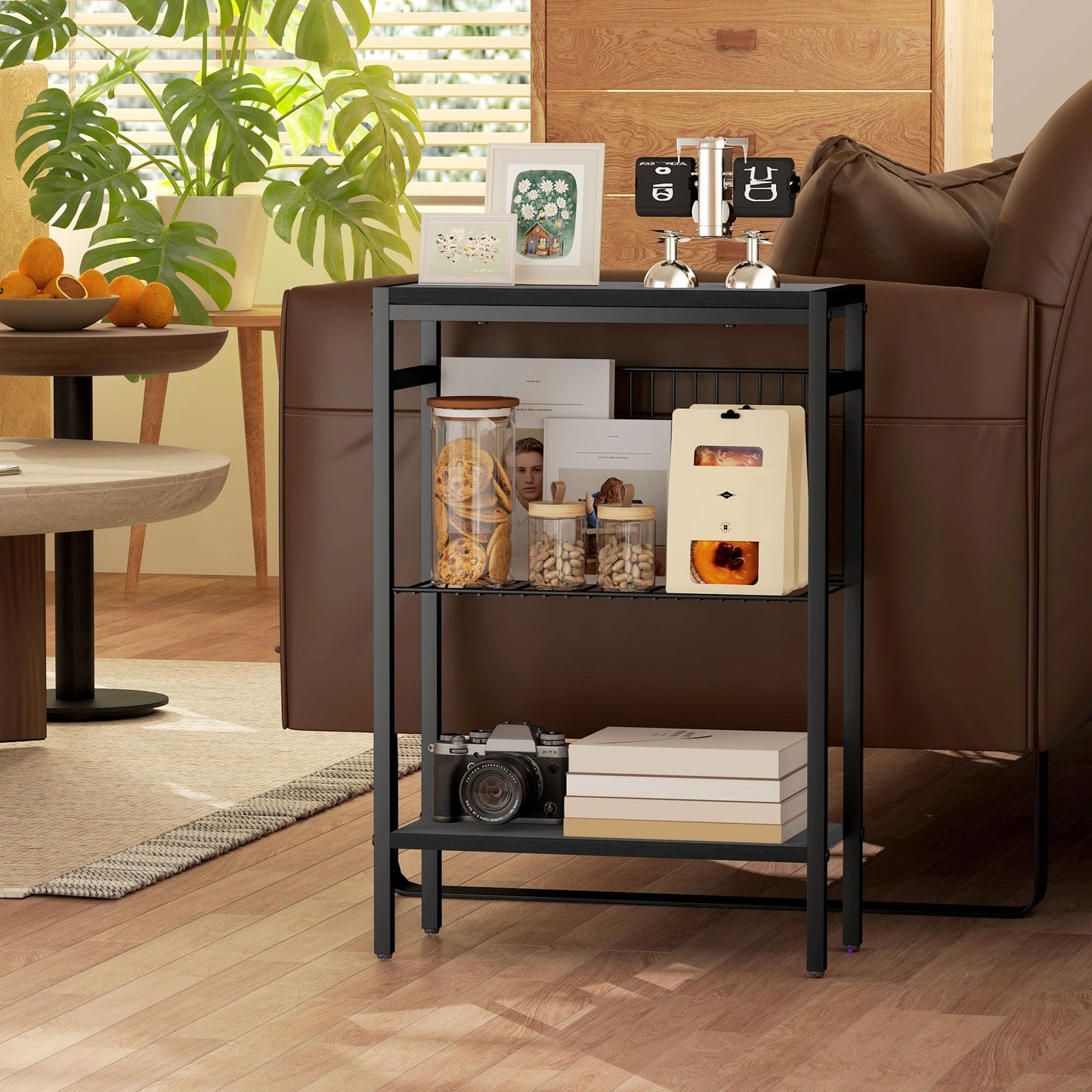 HOMCOM Side Table with 3-Tier Storage, Small Bedside Table, Sofa End Table with Steel Frame for Living Room, Bedroom, Black