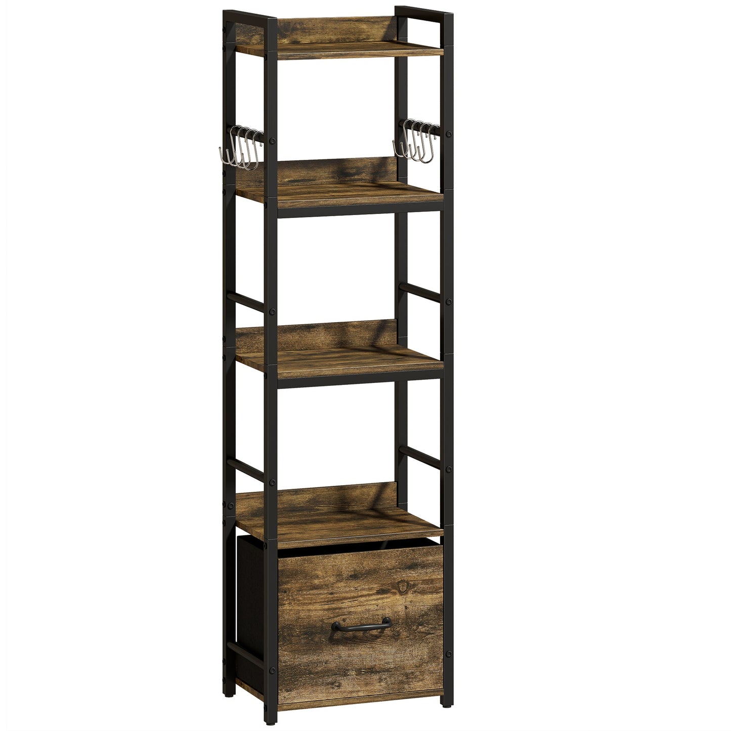4-Tier Bookshelf, Narrow Bookcase with Drawer, 8 Hooks, Metal Frame, Shelving Unit for Living Room, Bedroom, Home Office, 39 x 26 x 136.5 cm, Rustic Brown