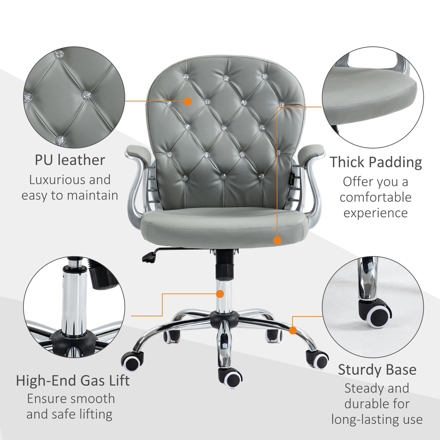 Vinsetto Office Chair, Swivel Desk Chair, PU Vanity Chair with Adjustable Height and Rolling Wheels for Home Work Study, Grey