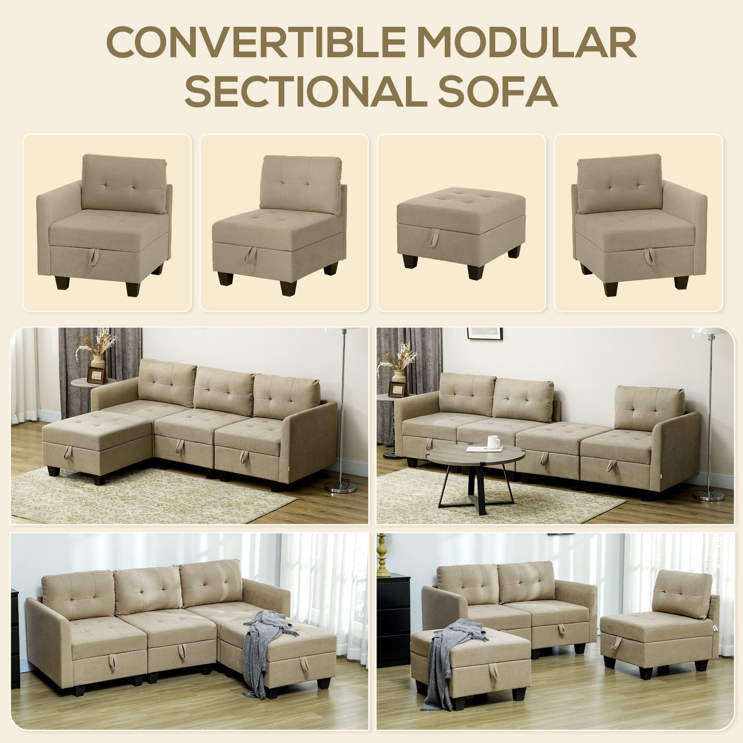 HOMCOM Convertible Modular Sectional Sofa with Storage, Tufted 3 Seater Sofa Set, L Shaped Sofa Couch with Ottoman, Wood Frame for Living Room, Light Brown