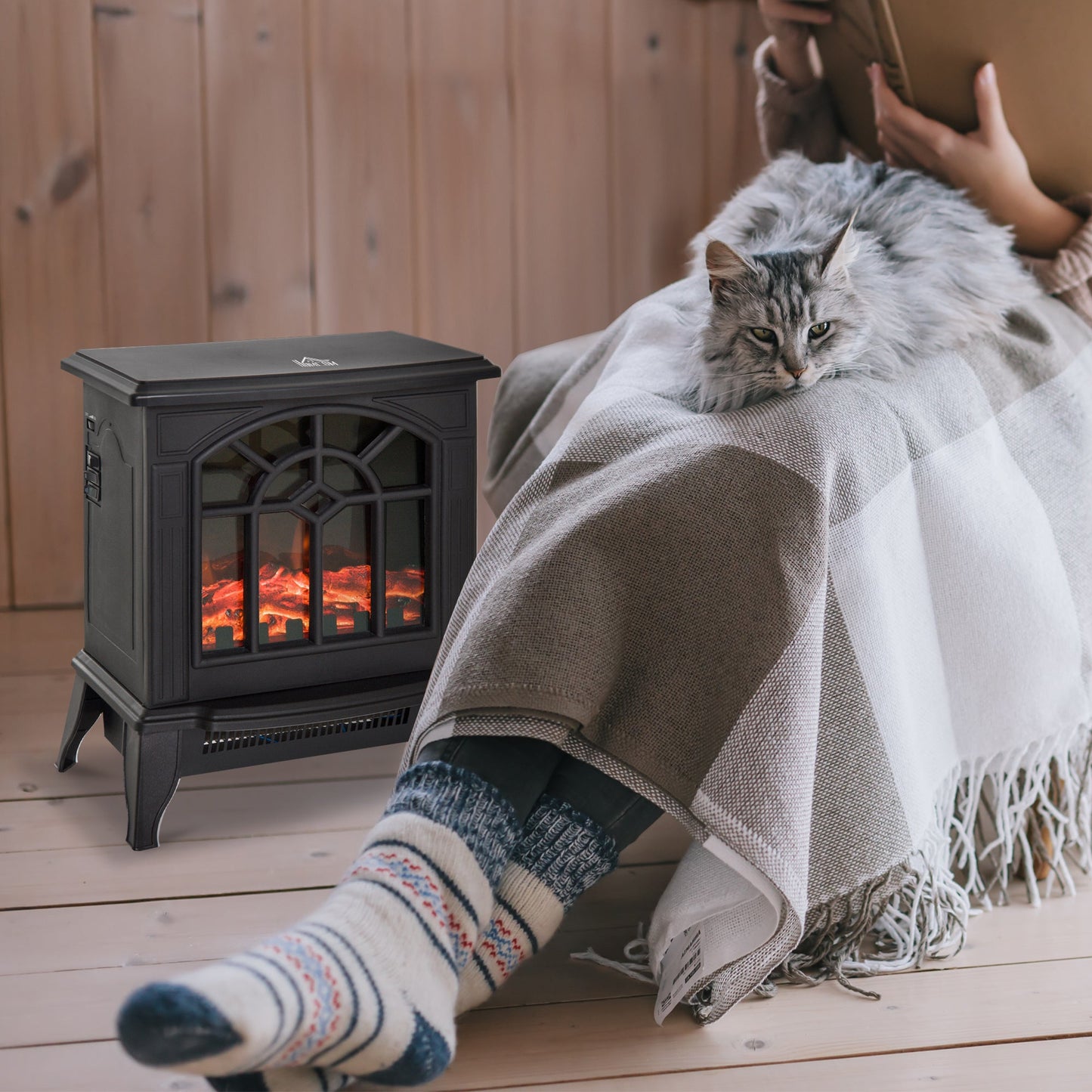 1000W/2000W Freestanding Electrical Fireplace Indoor Heater Stove Log Wood LED Burning Effect Flame with Thermostat Control Black