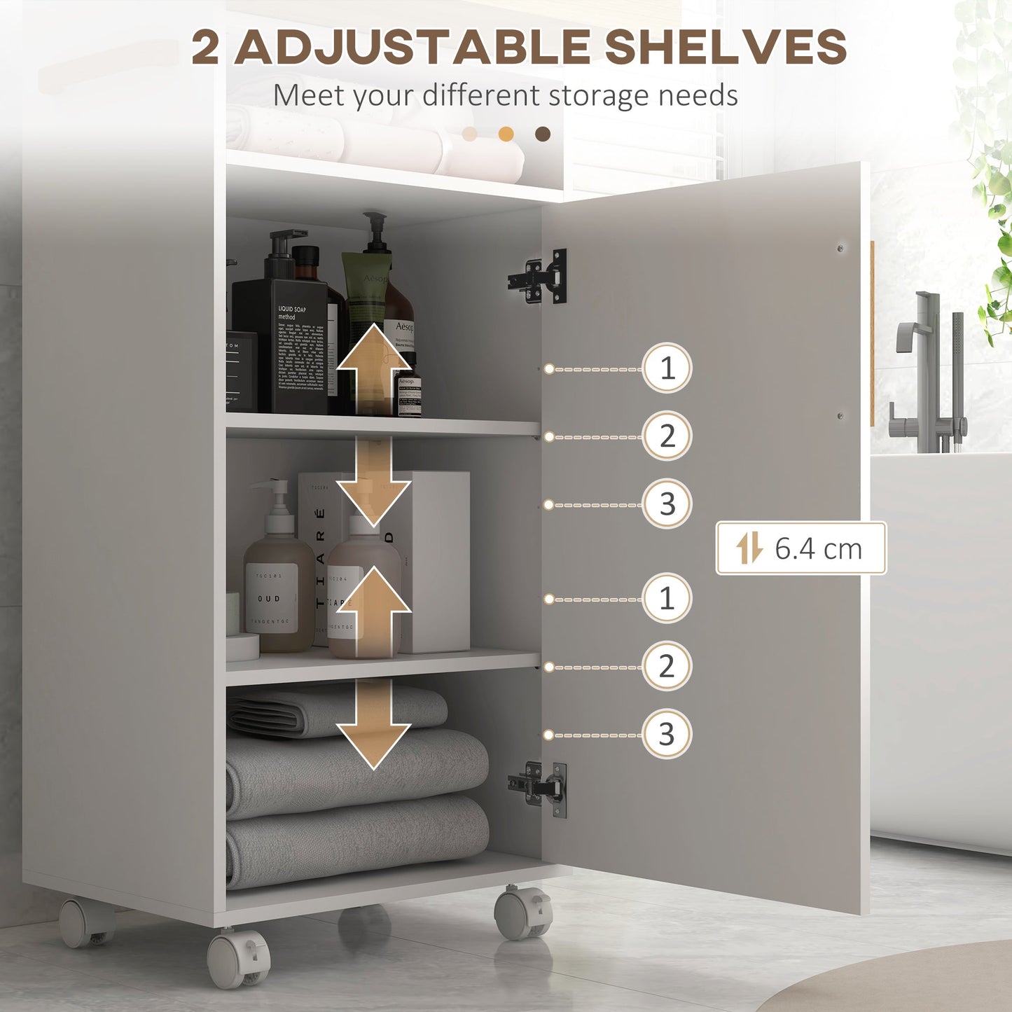 kleankin Bathroom Cabinet with Wheels, Bathroom Storage Cabinet with Cushioned Door, Removable Tray, Open Compartment and Adjustable Shelves for Washroom, White