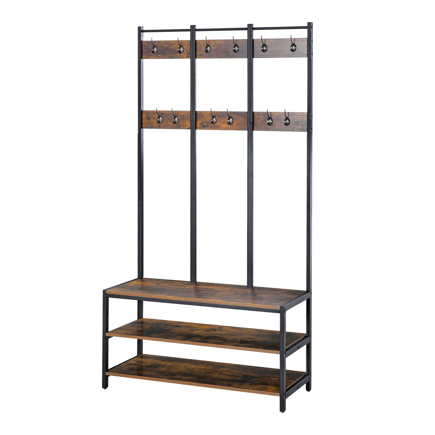 Coat Rack Stand, Free Standing Hall Tree, Coat Stand with Hooks, Bench and Shoe Rack, 100cm x 38.5cm x 185.5cm, Industrial Style, Rustic Brown and Black
