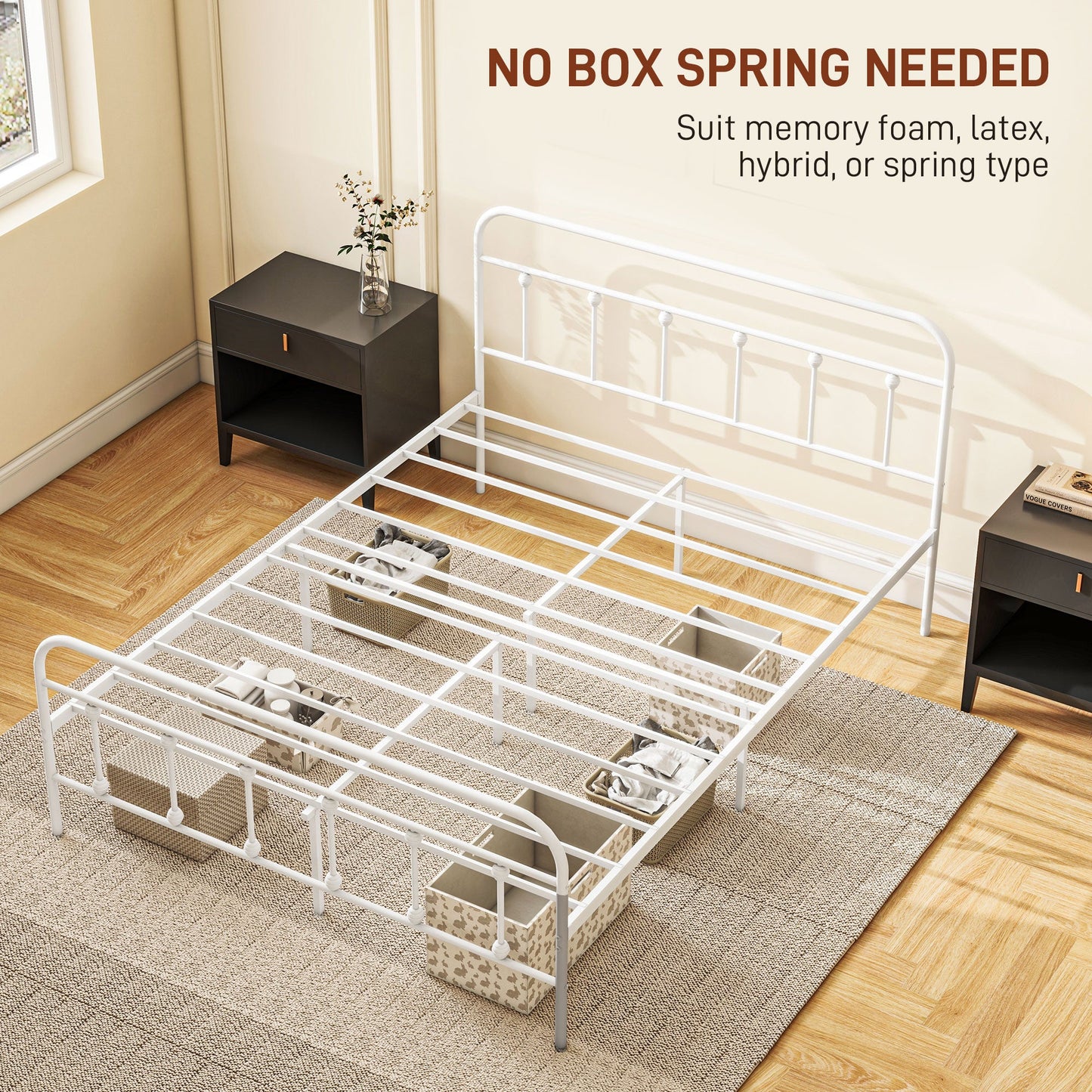 HOMCOM 4ft6 Double Bed Frame with Underbed Storage, Metal Platform Bed frame with Tall Headboard, Footboard and Steel Slat Support, No Box Spring Needed, Easy Assembly, White