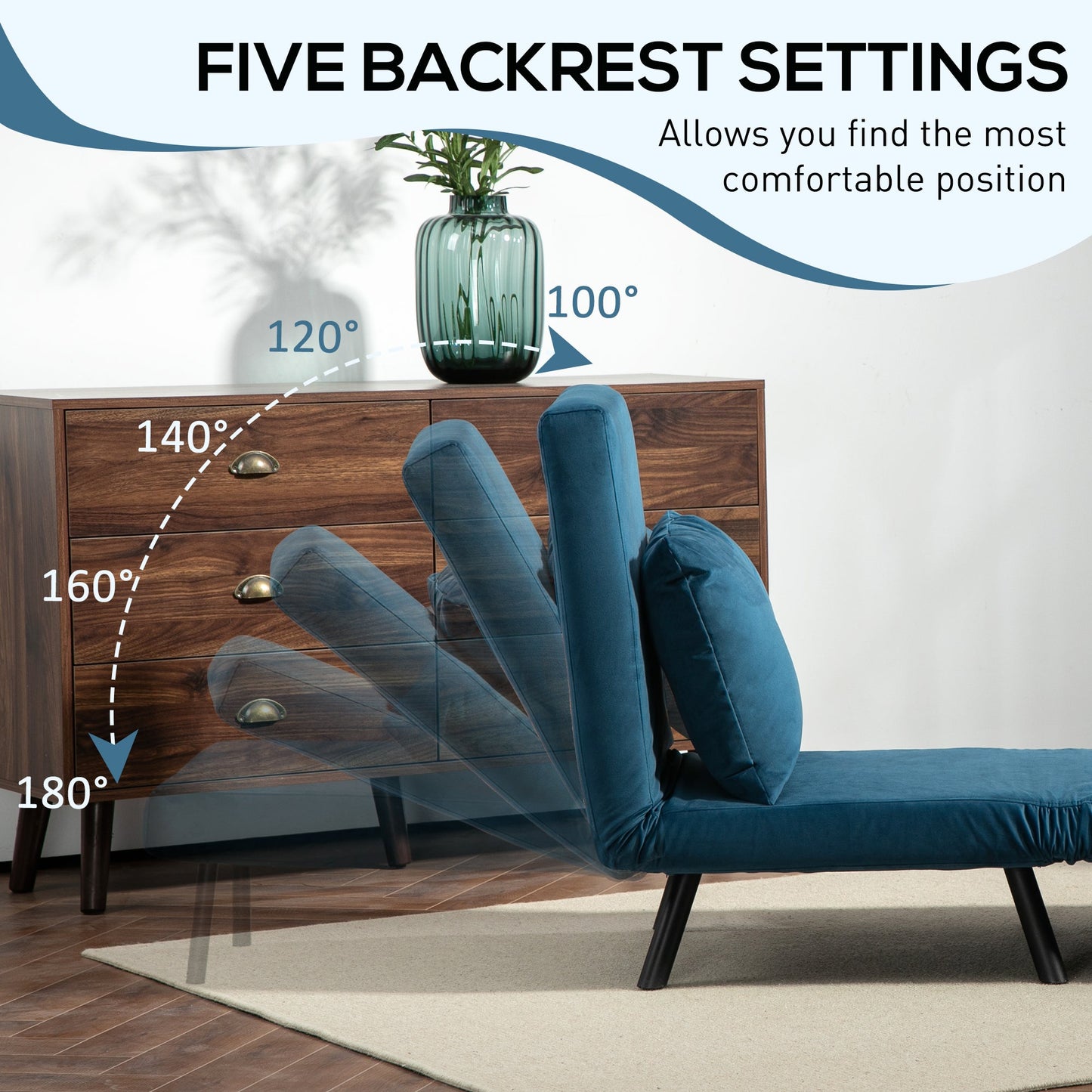 HOMCOM Single Chair Bed, Click Clack Convertible Bed Settee, Modern Velvet Feel Fabric Chair Couch with 1 Tufted Cushion, Wood Armrests, for Living Room, Bedroom, Guest Room, Navy Blue