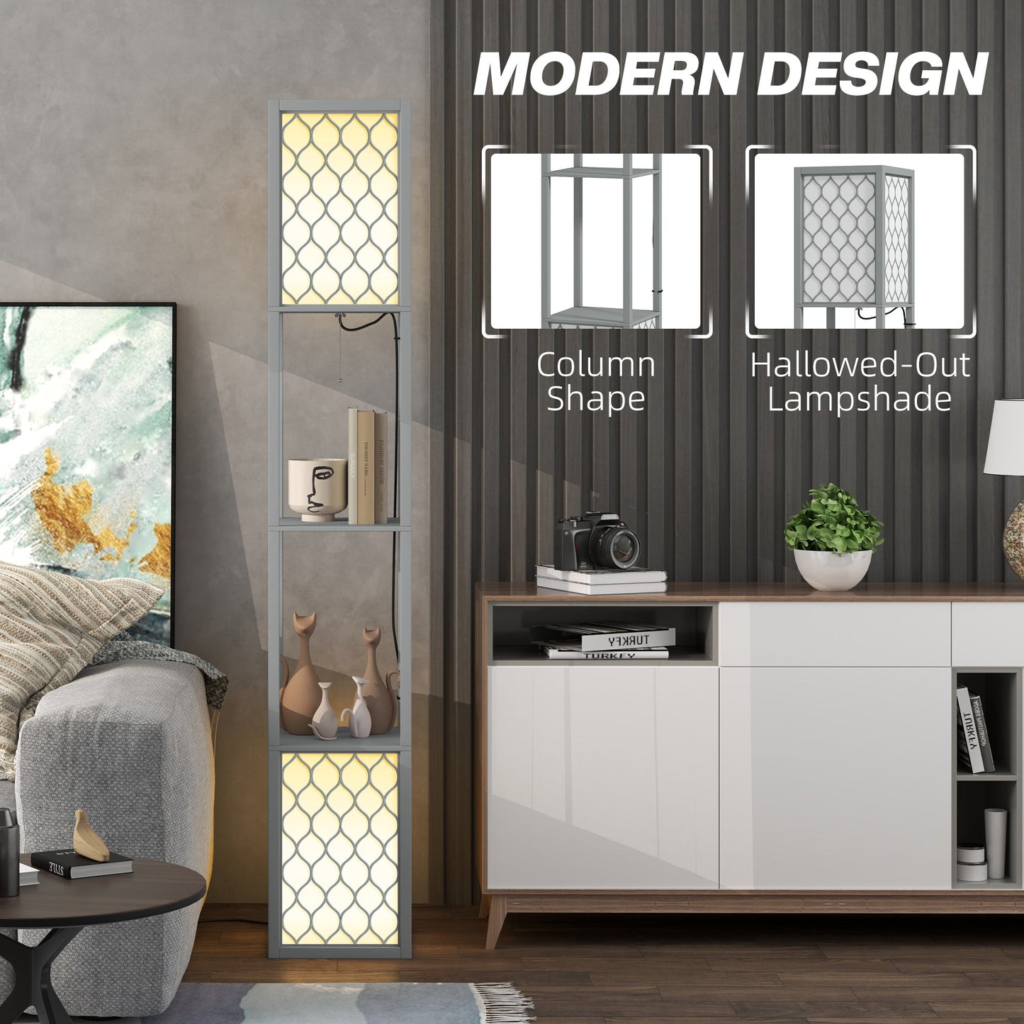 HOMCOM Floor Lamp with Shelves, Dual Light, Modern Tall Standing Lamps for Living Room, Bedroom, with Pull Chain Switch, Bulb not Included, Light Grey