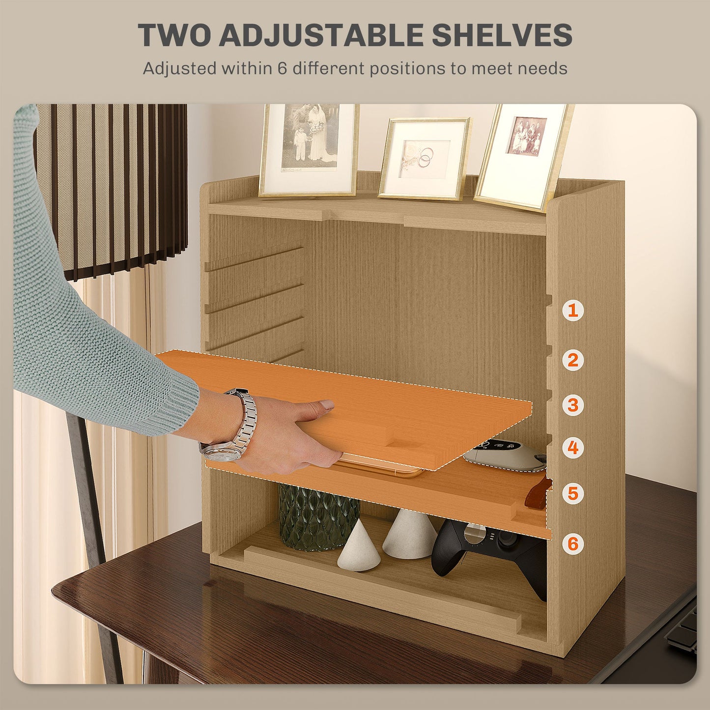 HOMCOM 4-Tier Desk Organiser, Multifunctional Assembled Desktop Organiser with Adjustable Shelves and Cable Management for Stationery, Office Supplies, Paper, Oak Tone
