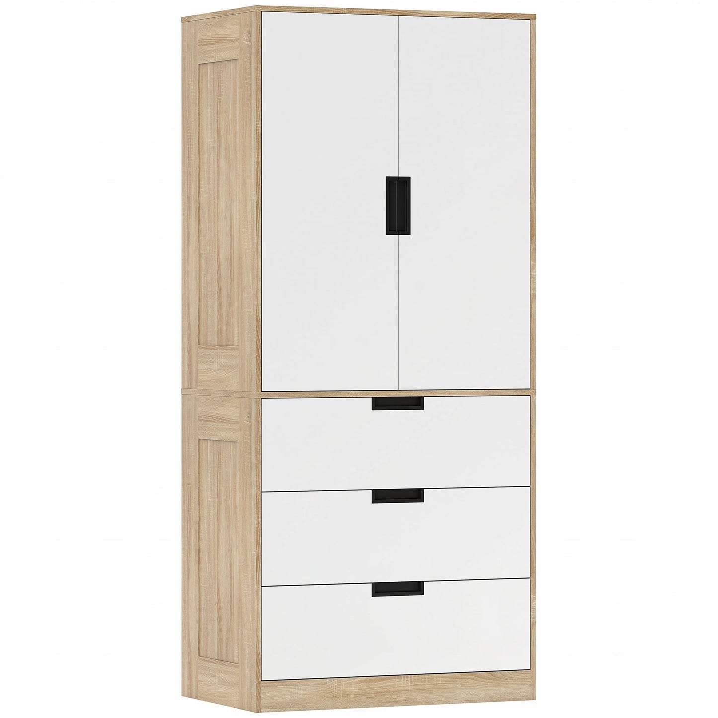 2 Door Wardrobe with 3 Drawers & Hanging Rail, Modern Clothes Storage Cupboard Unit, Bedroom Wardrobe with Soft Closing Hinge, 50D x 80W x 180Hcm, Oak