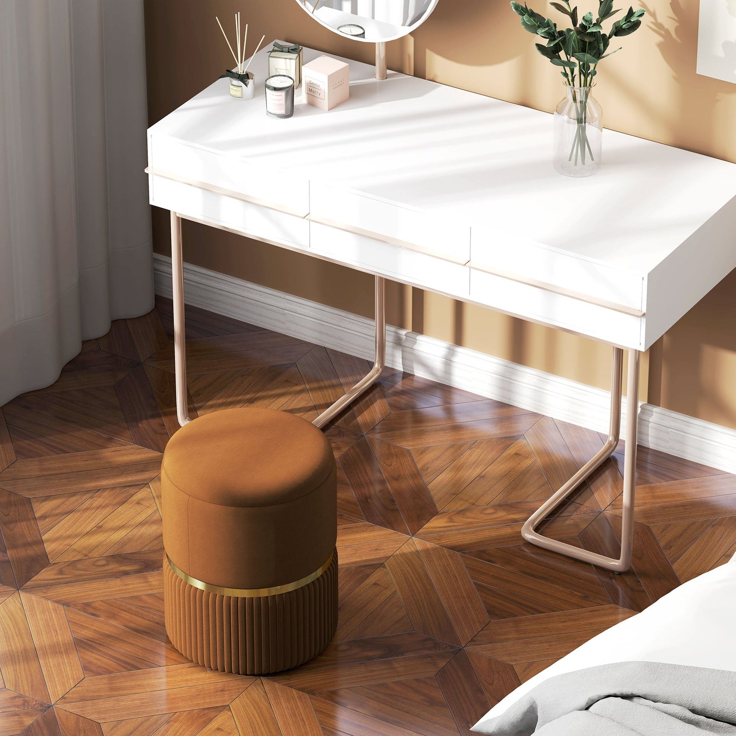 HOMCOM Round Pouffe, Velvet-feel Fabric Upholstered Storage Foot Stool with Removable Top, Padded Seat and Hidden Space for Living Room, Light Brown