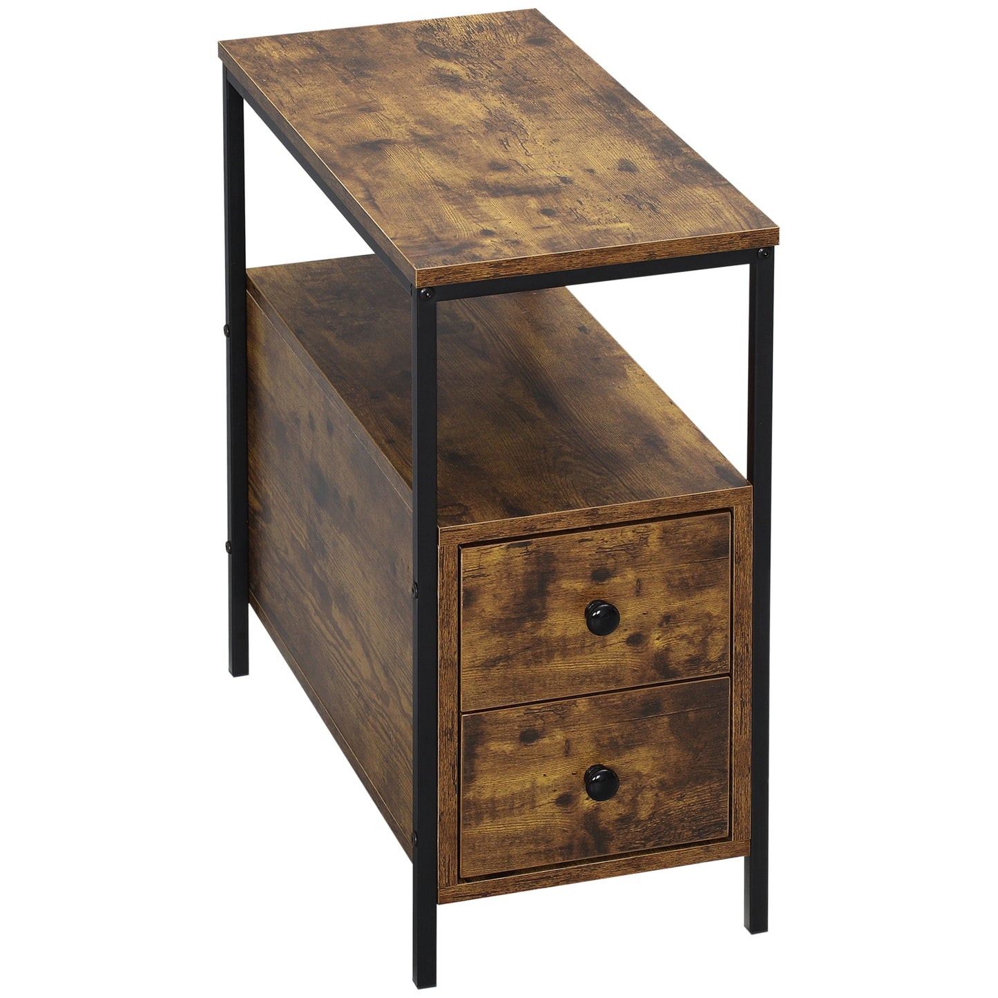 HOMCOM Side Table, Narrow Bedside Table with 2 Drawers and Storage Shelf, Industrial End Table with Metal Frame for Small Spaces, Rustic Brown
