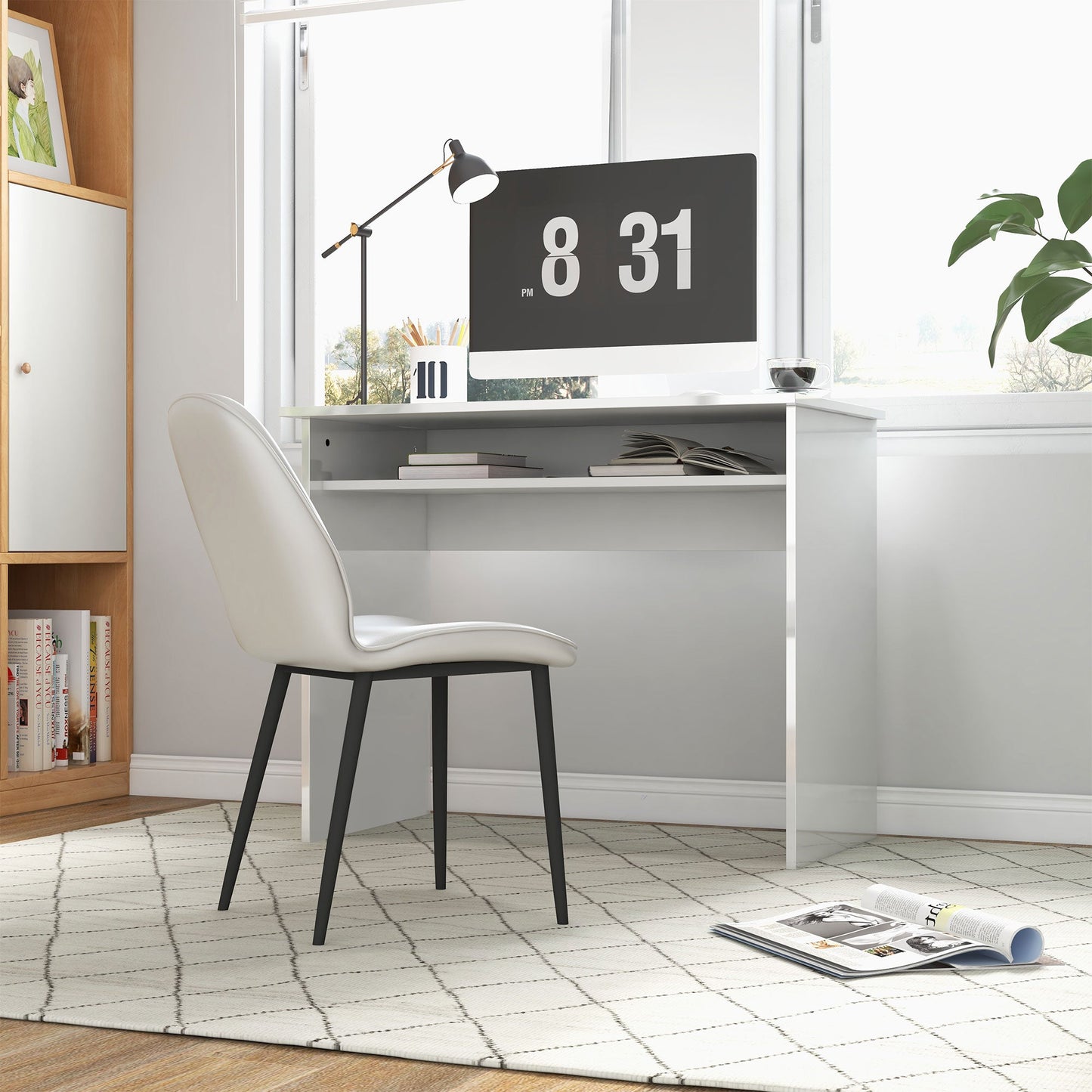 HOMCOM Modern Computer Desk, Home Office Table, Small Writing Desk with Storage Shelf, 90 x 50cm, High Gloss White