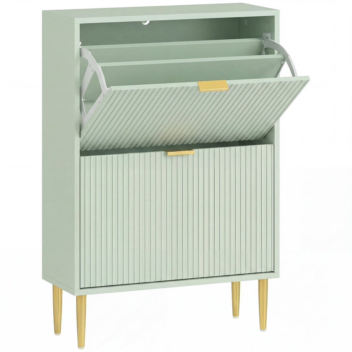 Narrow Shoe Cabinet with 2 Flip Drawers, Modern Slim Shoe Storage Cabinet with Fluted Doors and Adjustable Shelves for Hallway, Holds 6-12 Pairs, Light Green
