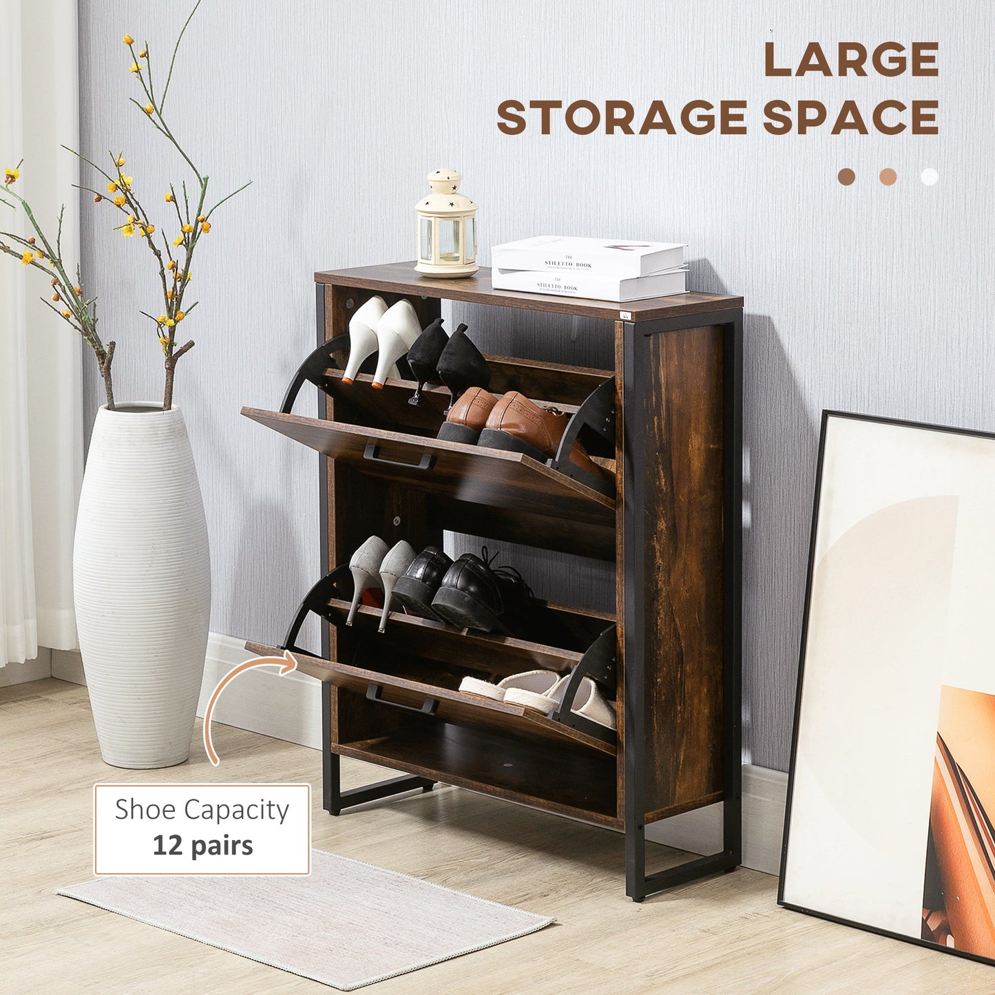 HOMCOM Industrial Shoe Cabinet with 2 Flip Drawers, Narrow Shoe Storage Cabinet for 12 Pairs, Freestanding Slim Shoe Rack for Entryway, Hallway, Rustic Brown