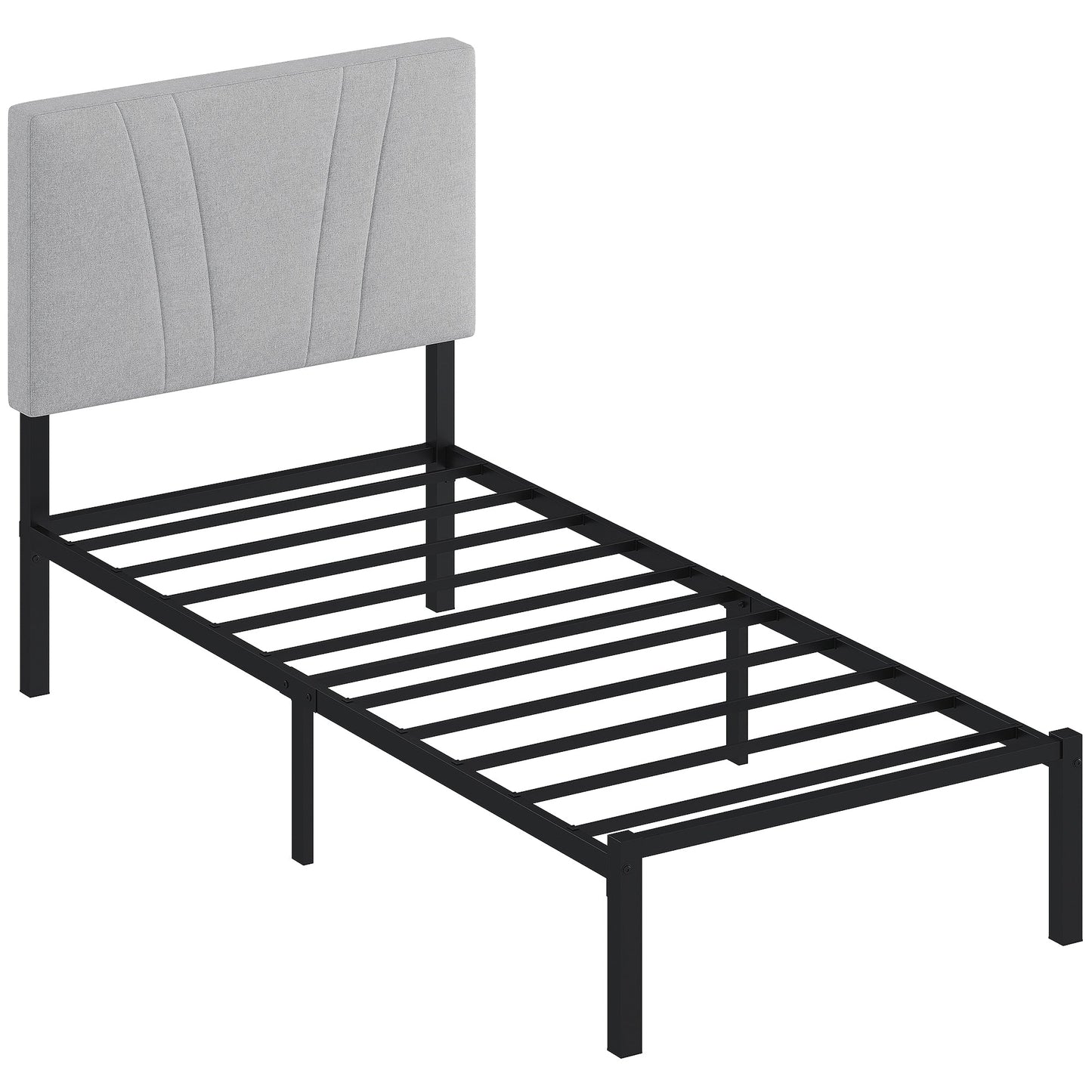 3FT Single Bed Frame with Upholstered and Padded Headboard, Metal Bed Frame with Underbed Storage and Steel Slat Support, No Box Spring Needed, Easy Assembly, Black and Light Grey