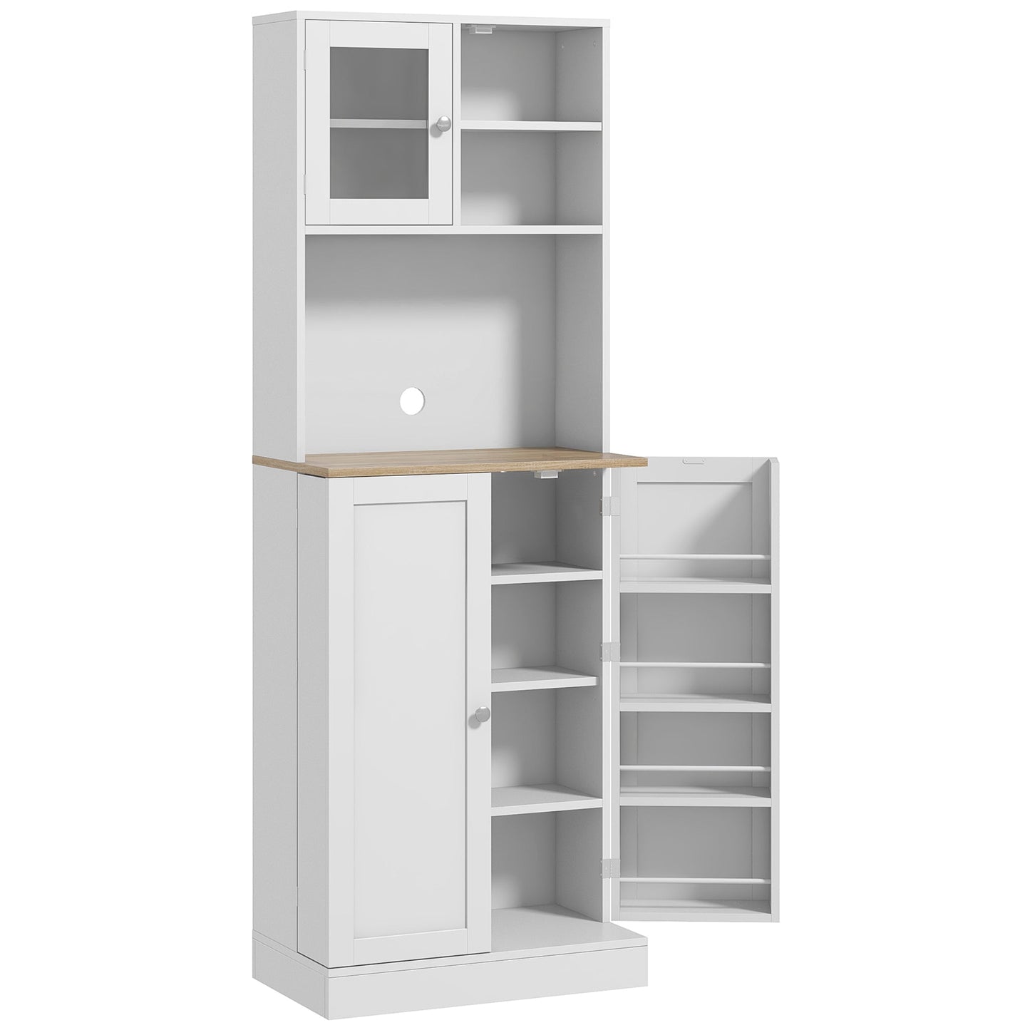 169cm Kitchen Cupboard, Freestanding Storage Cabinet with Microwave Shelf, Adjustable Shelves & 8 Door Storage, Modern Kitchen Pantry with Glass Door for Living Room, Dining Room, White