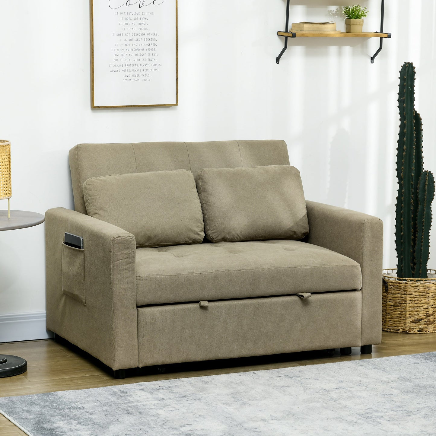 HOMCOM 2 Seater Sofa Bed, Convertible Bed Settee, Modern Fabric Loveseat Sofa Couch with 2 Cushions, Side Pockets for Living Room, Guest Room, Light Brown