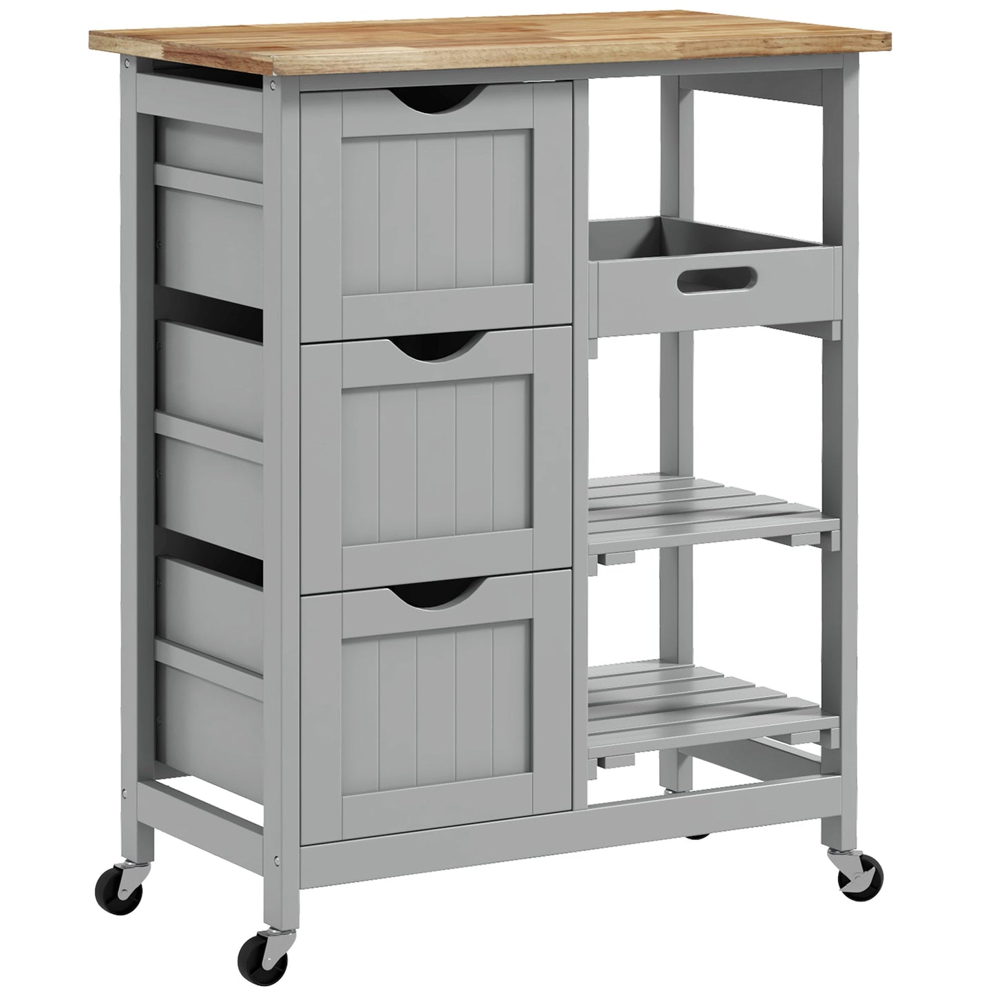 Rolling Kitchen Island Cart, Bar Serving Cart, Compact Trolley on Wheels with Wood Top, Shelves & Drawers for Home Dining Area, Grey