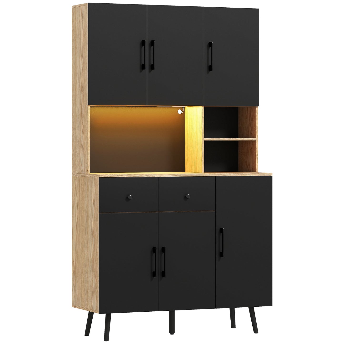 176 cm Tall Kitchen Cupboard with RGB LED Lights, Freestanding 6-Door Kitchen Storage Cabinet with 2 Drawers, Adjustable Shelves, Open Countertop and Cable Hole, Oak and Black