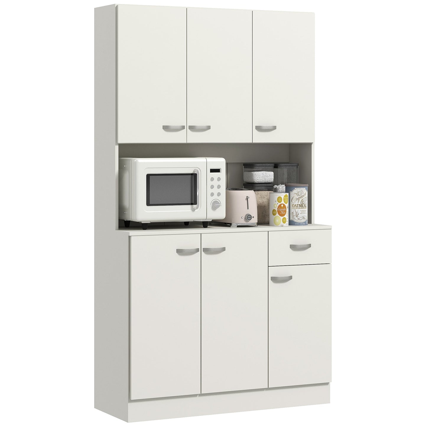 HOMCOM Kitchen Cupboard, Freestanding Kitchen Storage Cabinet with 6 Doors, Drawer, Adjustable Shelves and Open Countertop for Dining Room, Cream White