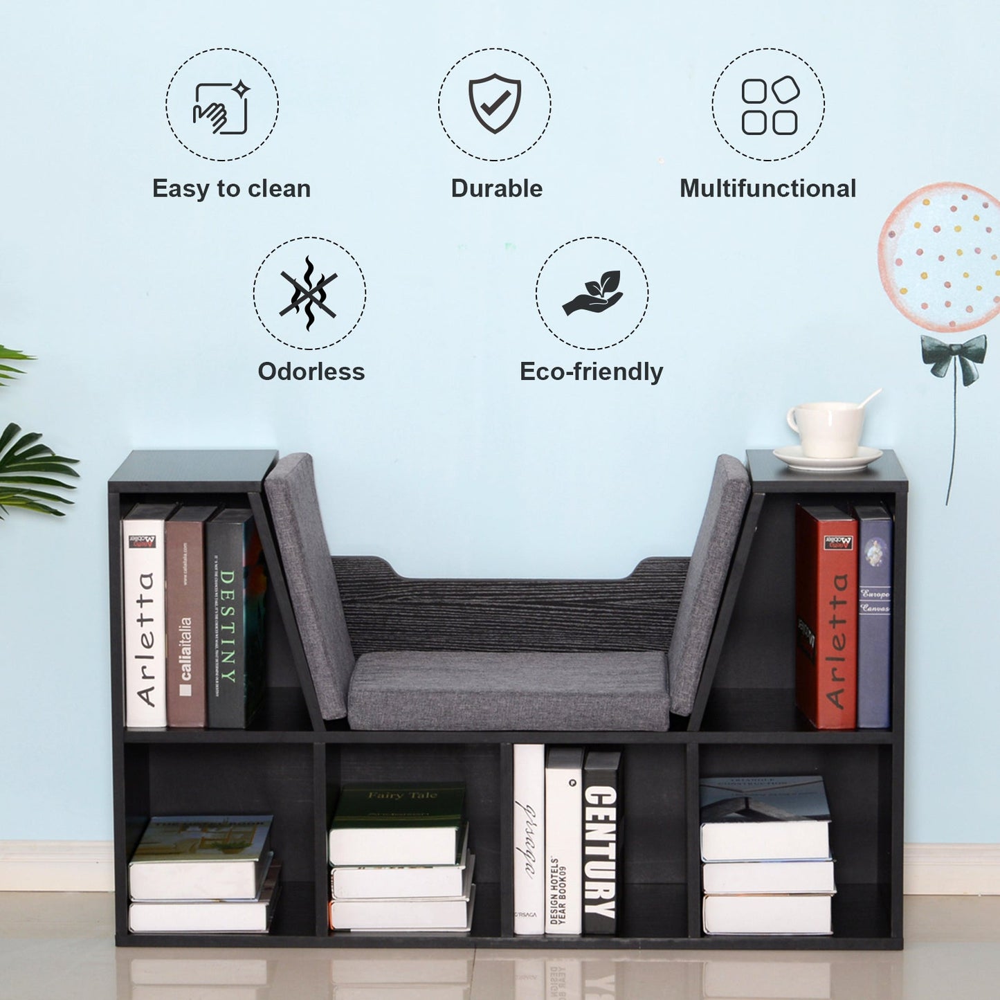 HOMCOM Bookcase Storage Shelf with Cushioned Reading Seat, Cube Bookshelf Organizer for Bedroom Living Room, Black