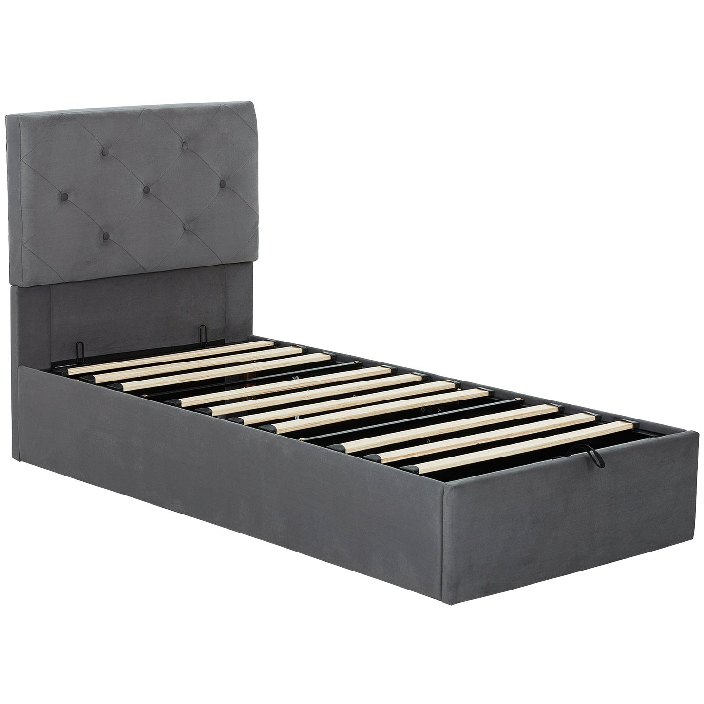 3FT Single Bed Frame for 90 x 190 cm Mattress, Upholstered Platform Bed Frame with Tufted Headboard, Gas Lift Up Storage, Mattress Foundation, Dark Grey