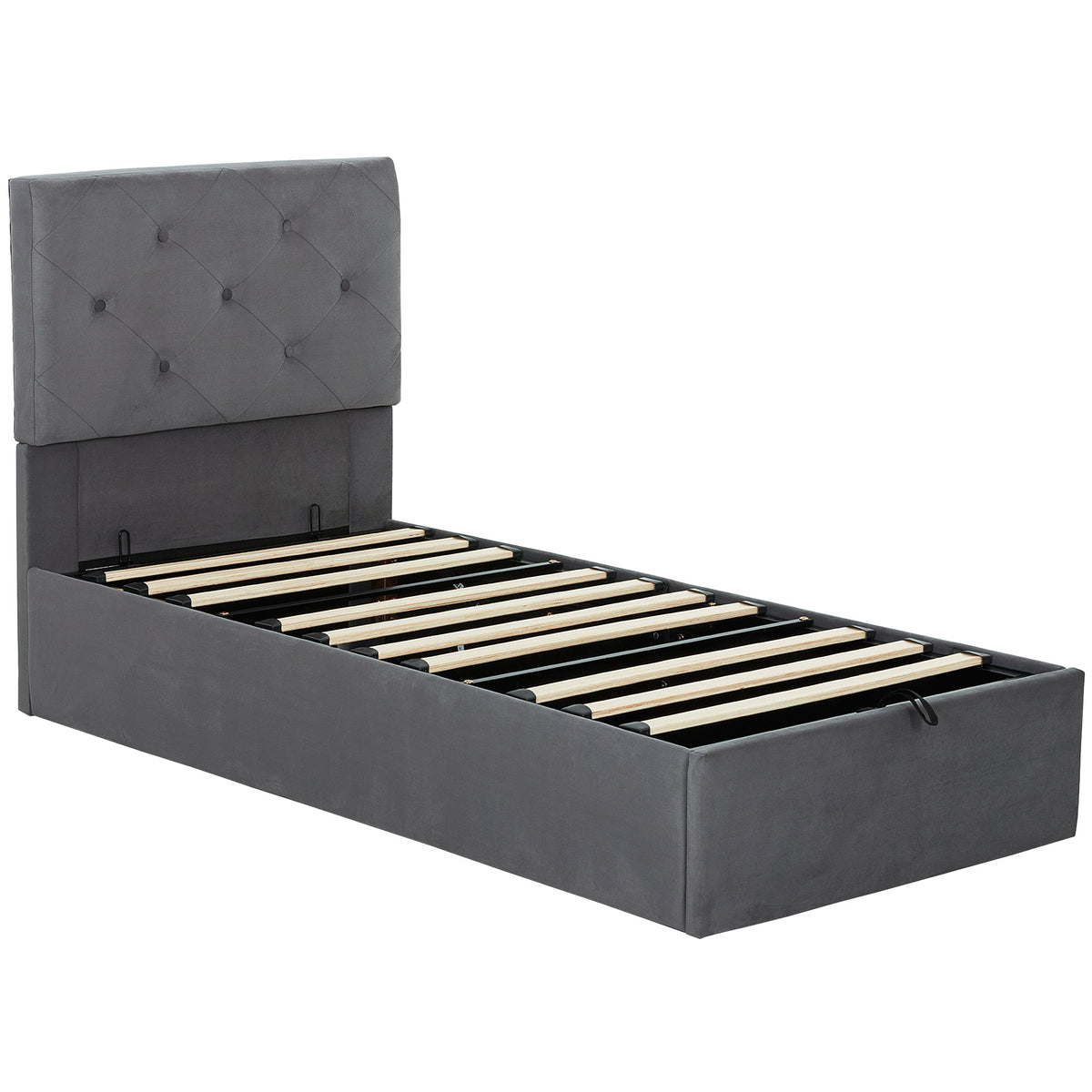 3FT Single Bed Frame for 90 x 190 cm Mattress, Upholstered Platform Bed Frame with Tufted Headboard, Gas Lift Up Storage, Mattress Foundation, Dark Grey