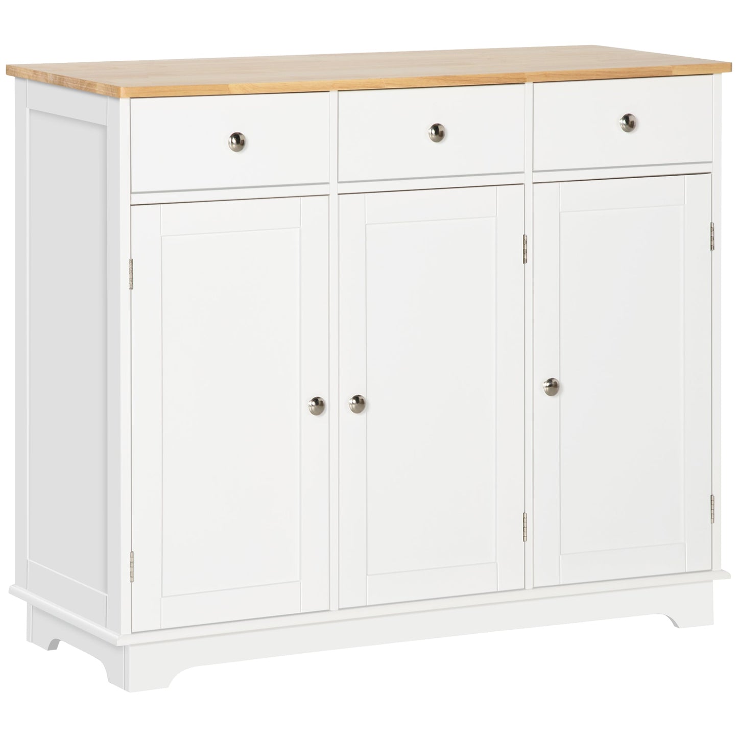 HOMCOM Modern Sideboard with Rubberwood Top, Buffet Cabinet with Storage Cabinets, Drawers and Adjustable Shelves for Living Room, Kitchen, White