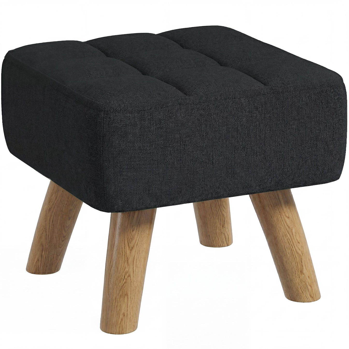 Modern Tufted Footstool, Fabric Foot Stool with Rubber Wood Legs, Padded Seat, for Living Room, Bedroom, Entryway, Black