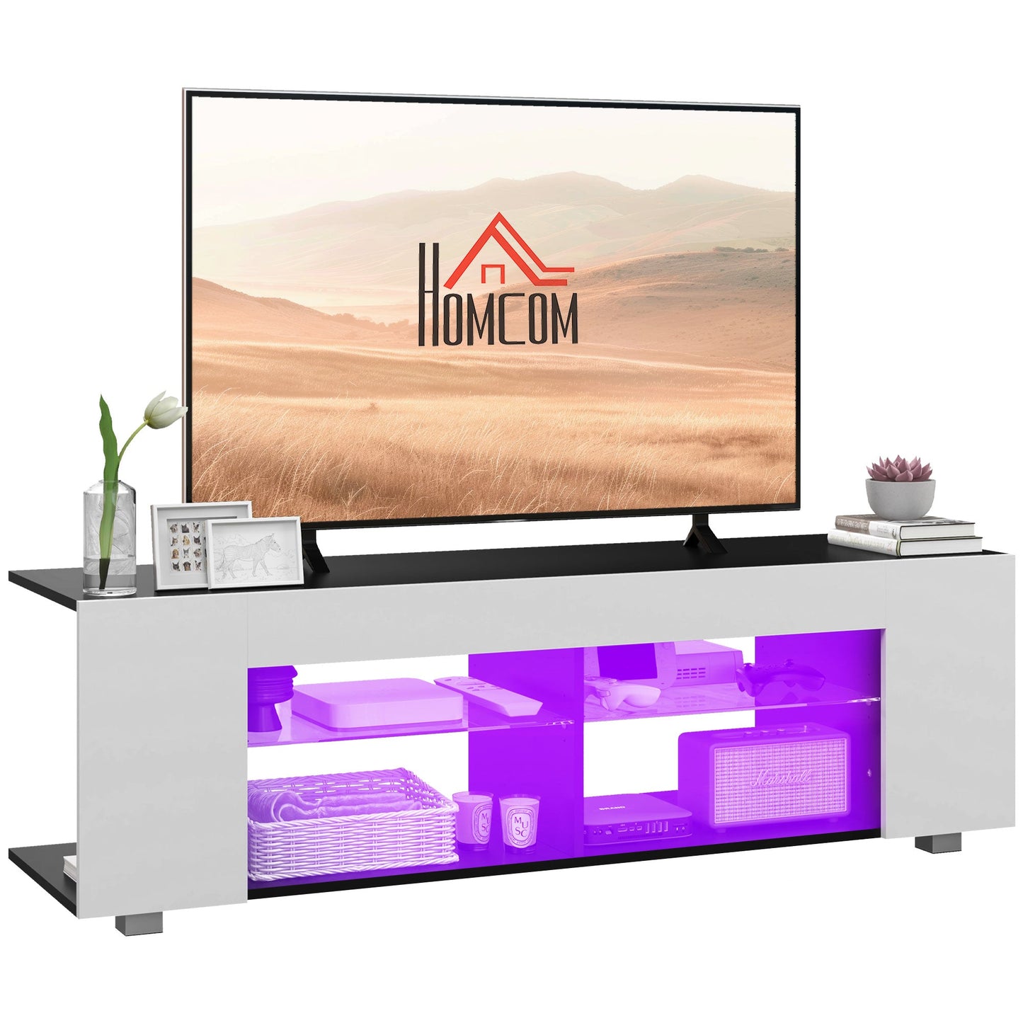 HOMCOM TV Stand Cabinet, 145cm Modern TV Unit with Glass Shelves, RGB LED Light for Living Room, Entertainment Unit for 32 40 43 50 52 55 60 inch 4k TV, White