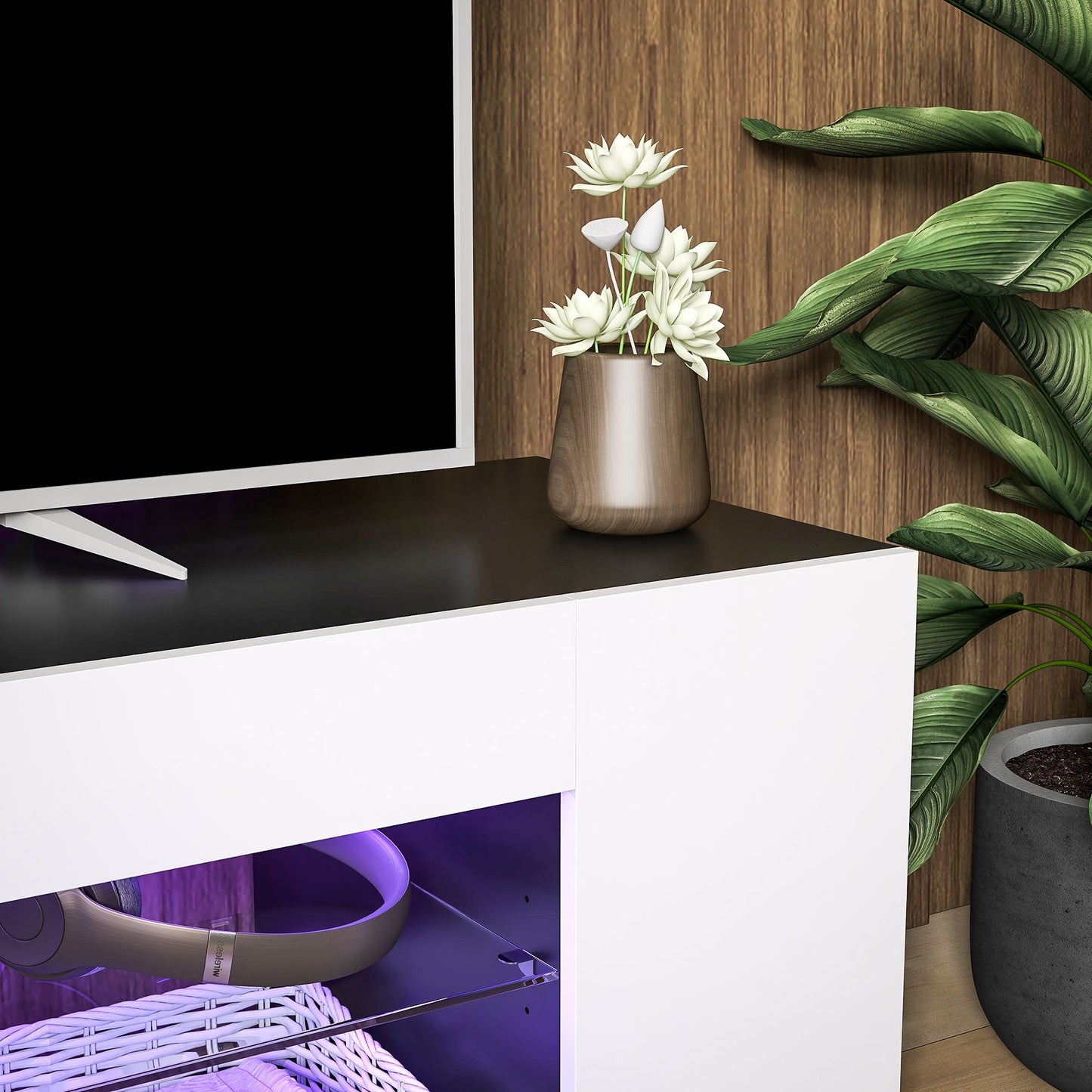 HOMCOM TV Stand Cabinet, 145cm Modern TV Unit with Glass Shelves, RGB LED Light for Living Room, Entertainment Unit for 32 40 43 50 52 55 60 inch 4k TV, White