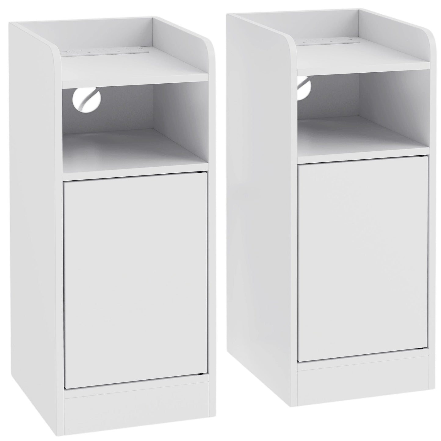 Slim Bedside Table Set of 2 with Charging Station, Narrow Bedside Cabinet with Open Compartment, Adjustable Shelf and Cupboard, Side End Table for Bedroom Living Room Compact Nooks, White