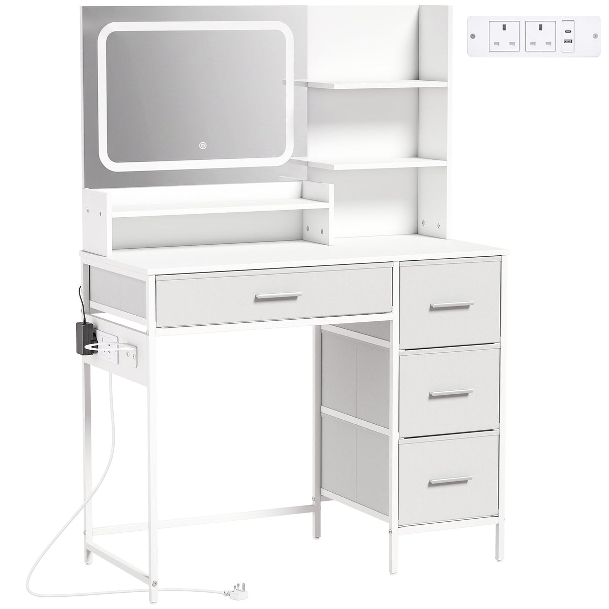 Dressing Table with 3-Colour LED Mirror and Power Outlet, Vanity Desk with 4 Drawers, 5 Open Shelves and Hair Dryer Holder, Modern Makeup Table for Bedroom, 88 x 40 x 130 cm, White