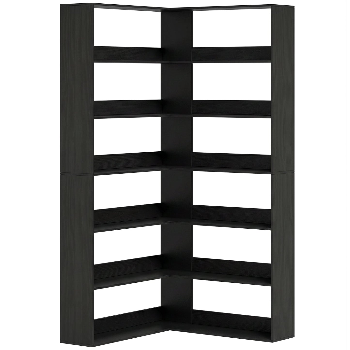 7 Tiers Corner Bookshelf, L-Shaped Bookcase with Anti-Slip Rear Guard, Storage Shelves for Living Room, Bedroom and Home Office, 90W x 90D x 180H cm, Black Wood Effect