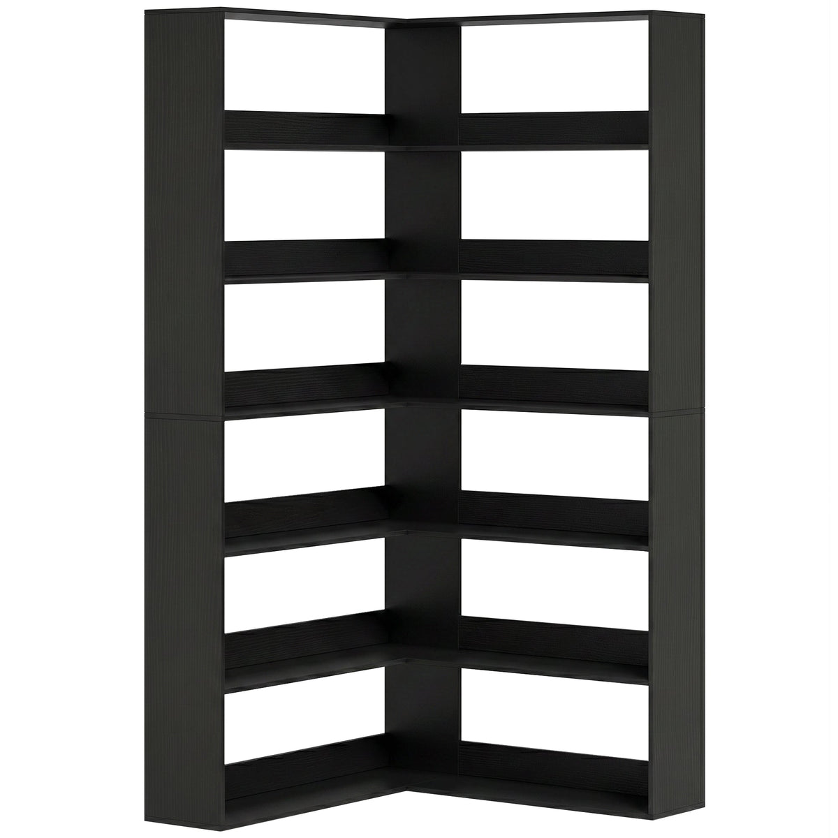 7 Tiers Corner Bookshelf, L-Shaped Bookcase with Anti-Slip Rear Guard, Storage Shelves for Living Room, Bedroom and Home Office, 90W x 90D x 180H cm, Black Wood Effect
